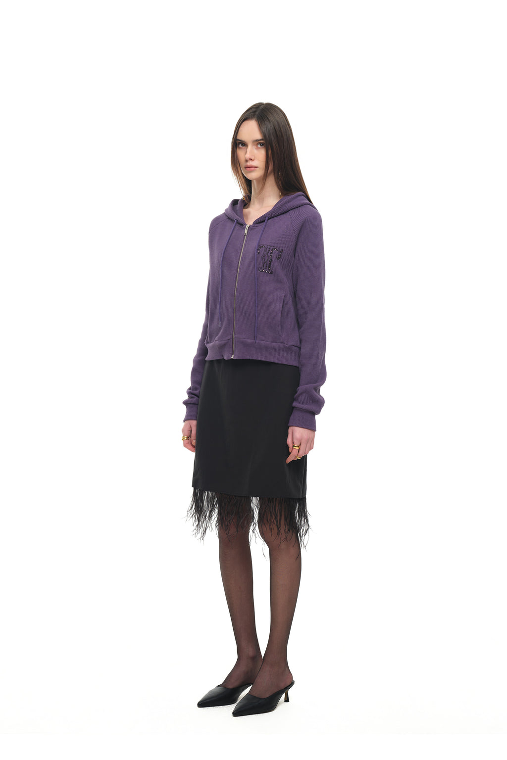 LEO HOTFIX CROP WAFFLE ZIP-UP HOODIE (PURPLE)