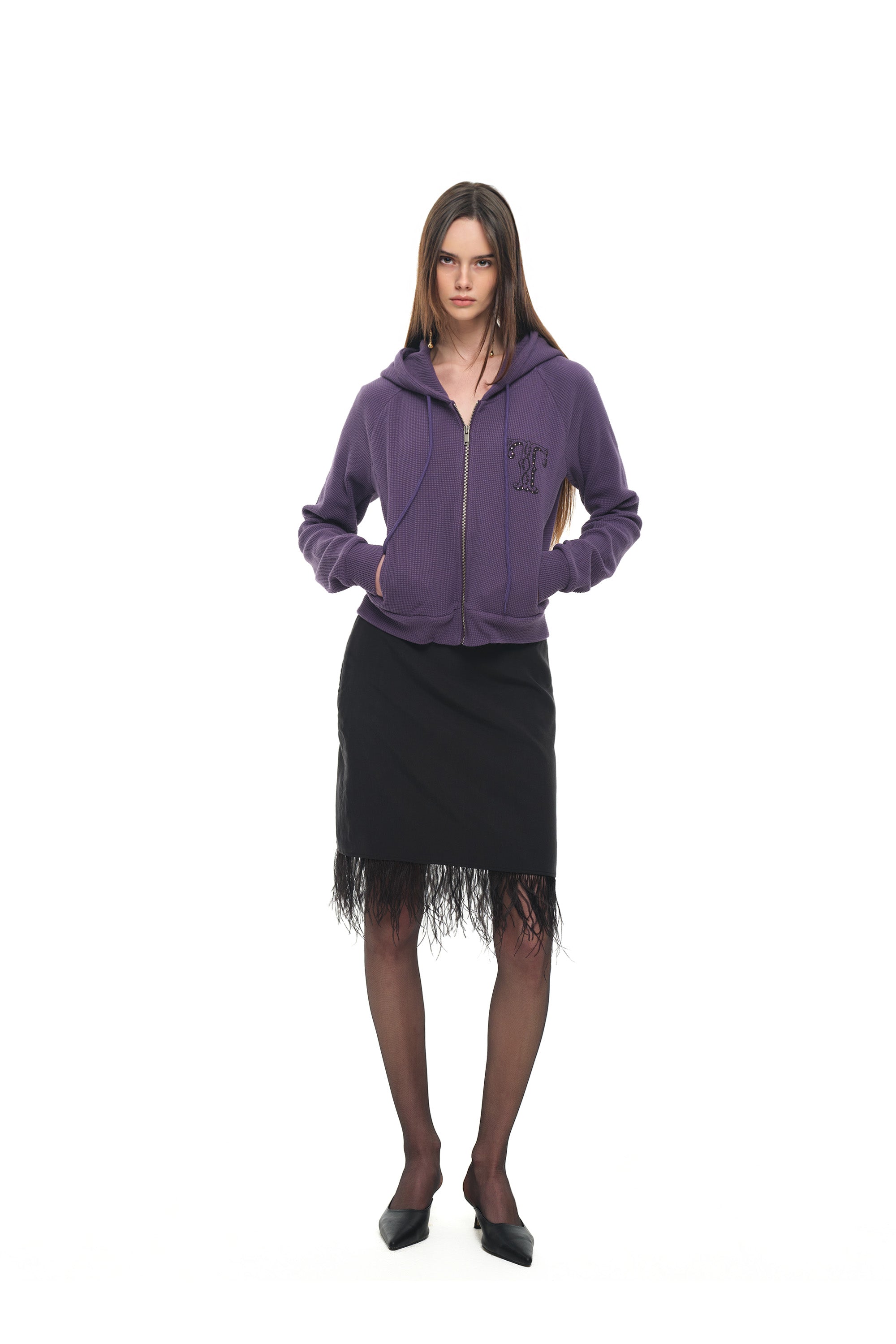 LEO HOTFIX CROP WAFFLE ZIP-UP HOODIE (PURPLE)