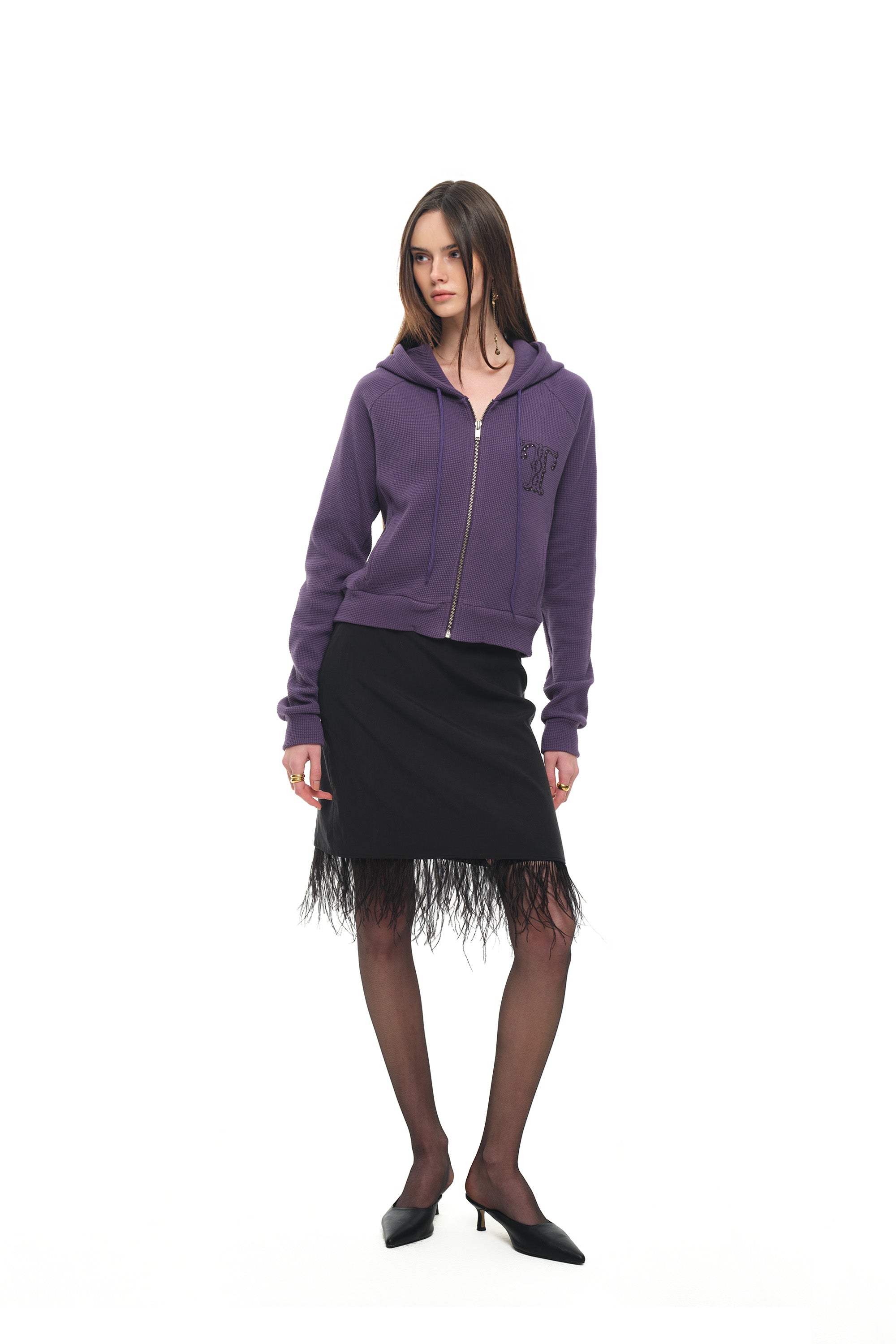LEO HOTFIX CROP WAFFLE ZIP-UP HOODIE (PURPLE)