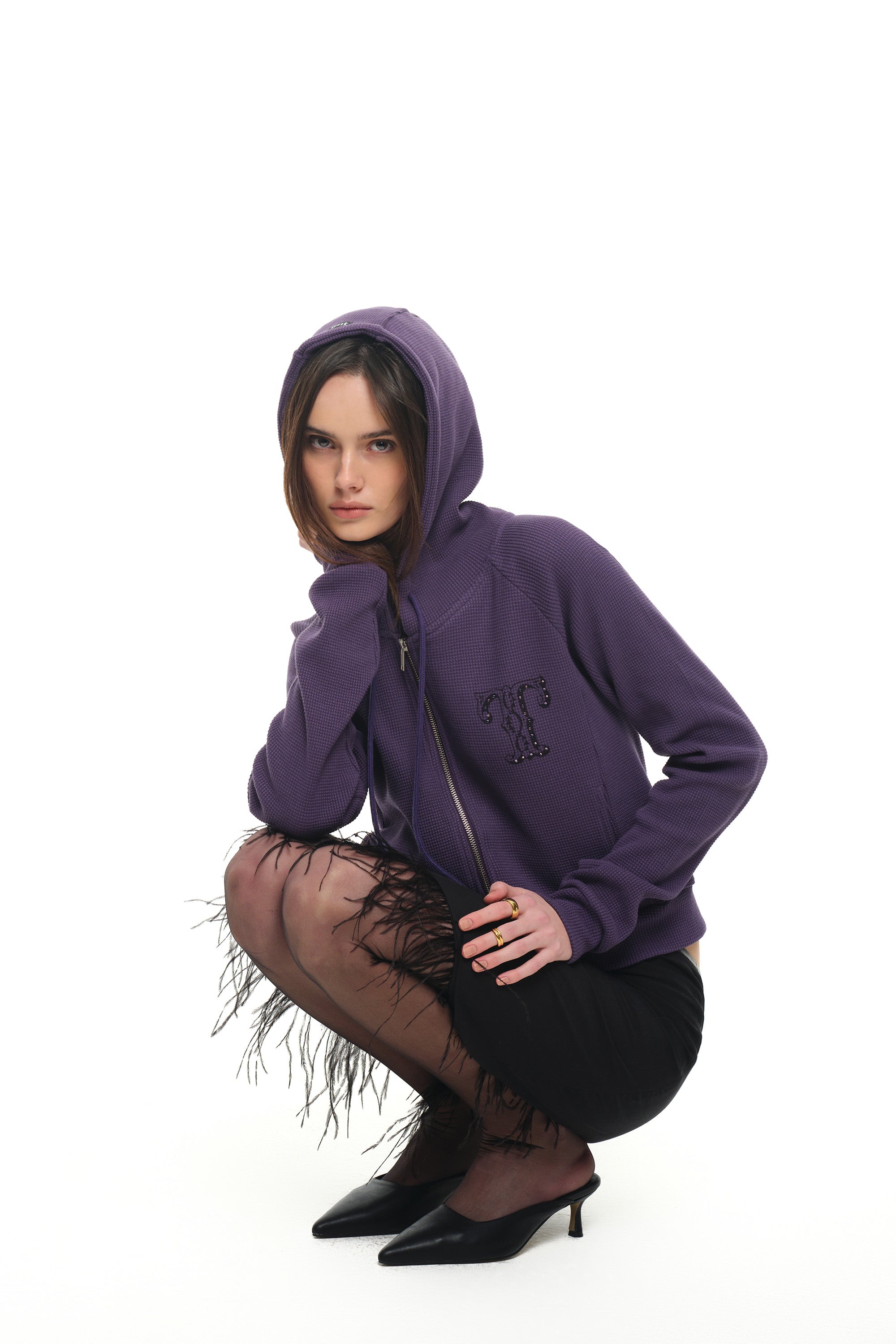 LEO HOTFIX CROP WAFFLE ZIP-UP HOODIE (PURPLE)