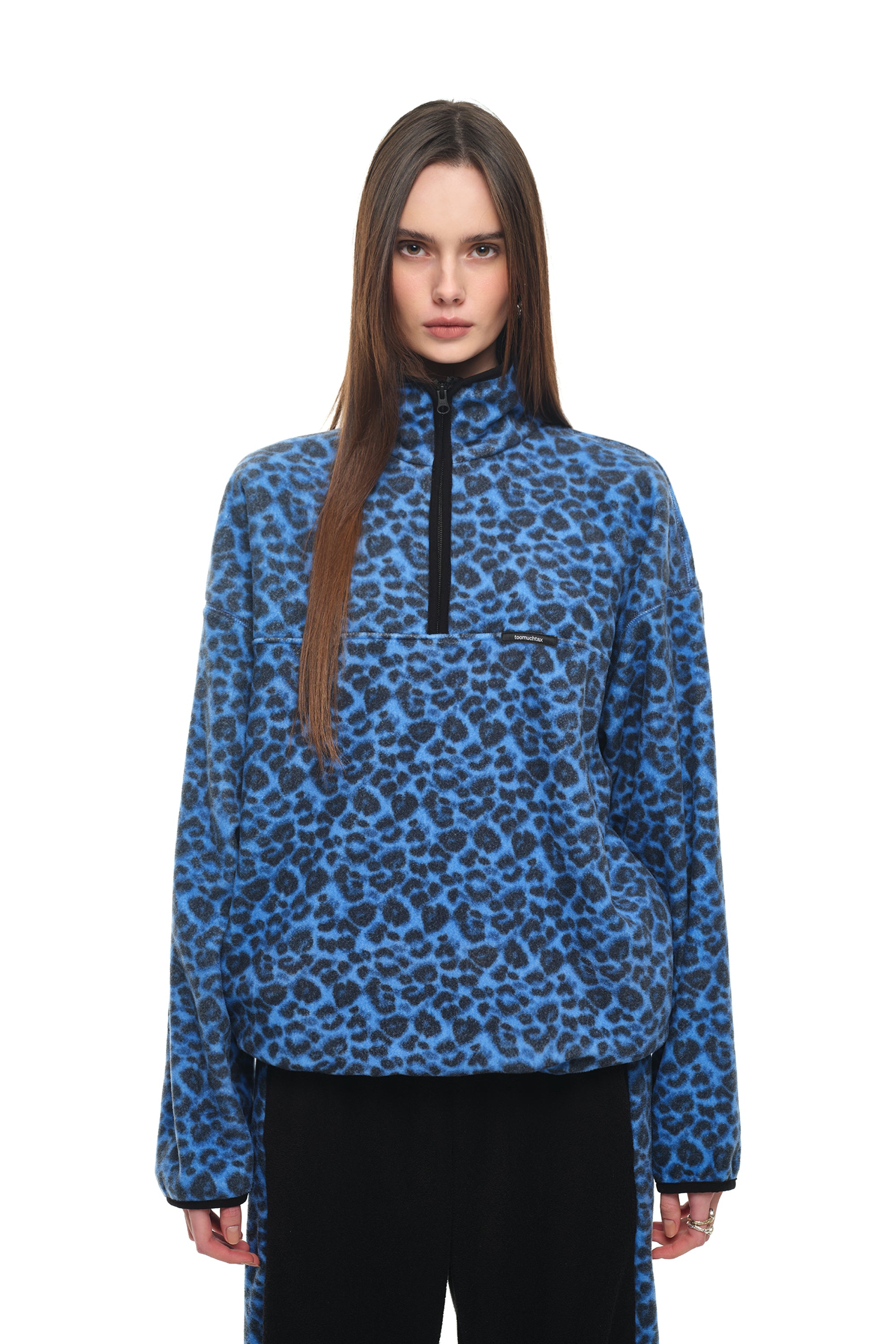 LEOPARD FLEECE HALF-ZIP SWEATSHIRT (BLUE)