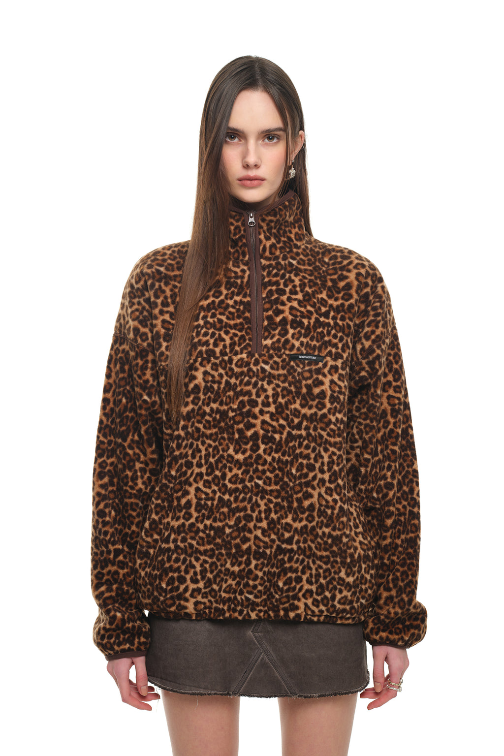 LEOPARD FLEECE HALF-ZIP SWEATSHIRT (BROWN)
