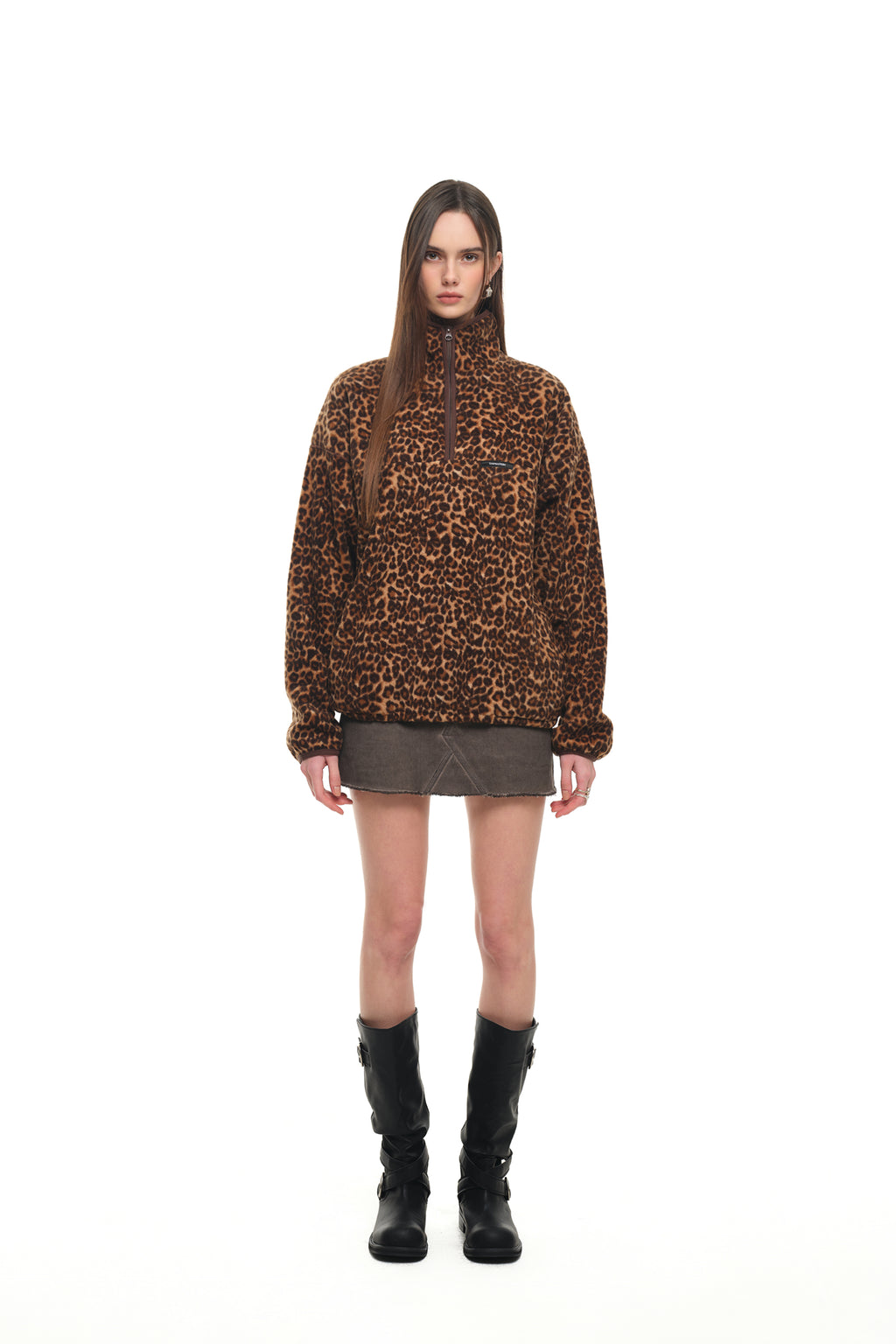 LEOPARD FLEECE HALF-ZIP SWEATSHIRT (BROWN)