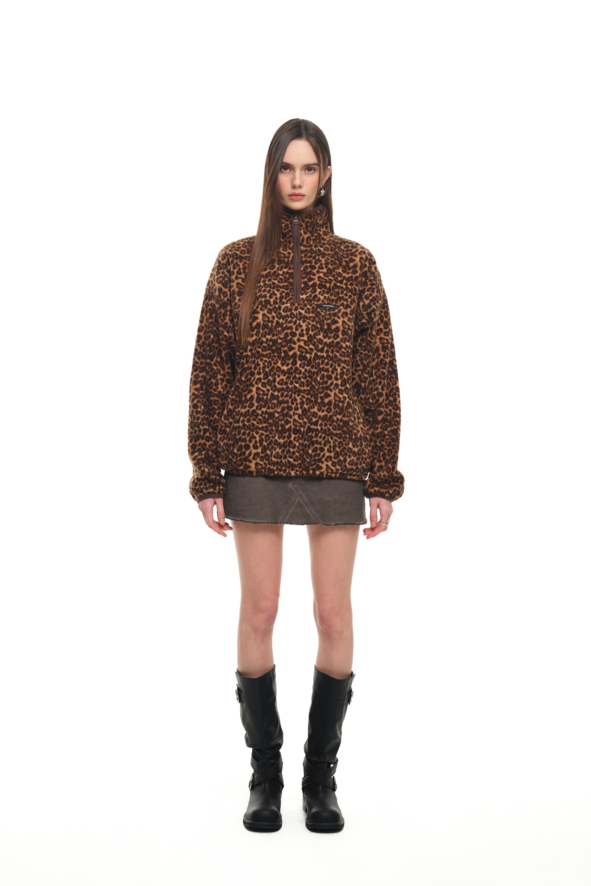 LEOPARD FLEECE HALF-ZIP SWEATSHIRT (BROWN)