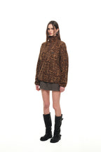 LEOPARD FLEECE HALF-ZIP SWEATSHIRT (BROWN)