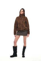 LEOPARD FLEECE HALF-ZIP SWEATSHIRT (BROWN)