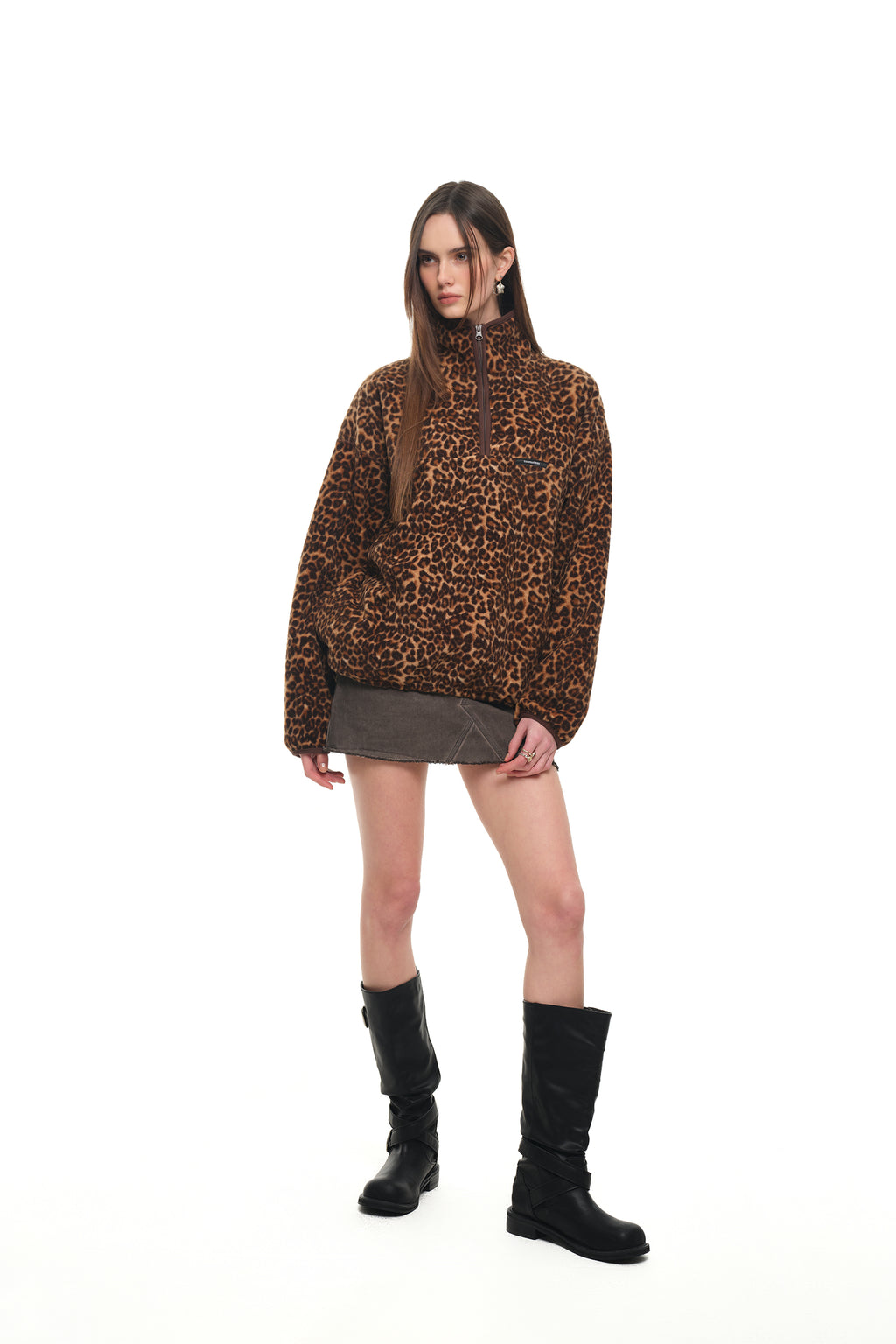 LEOPARD FLEECE HALF-ZIP SWEATSHIRT (BROWN)