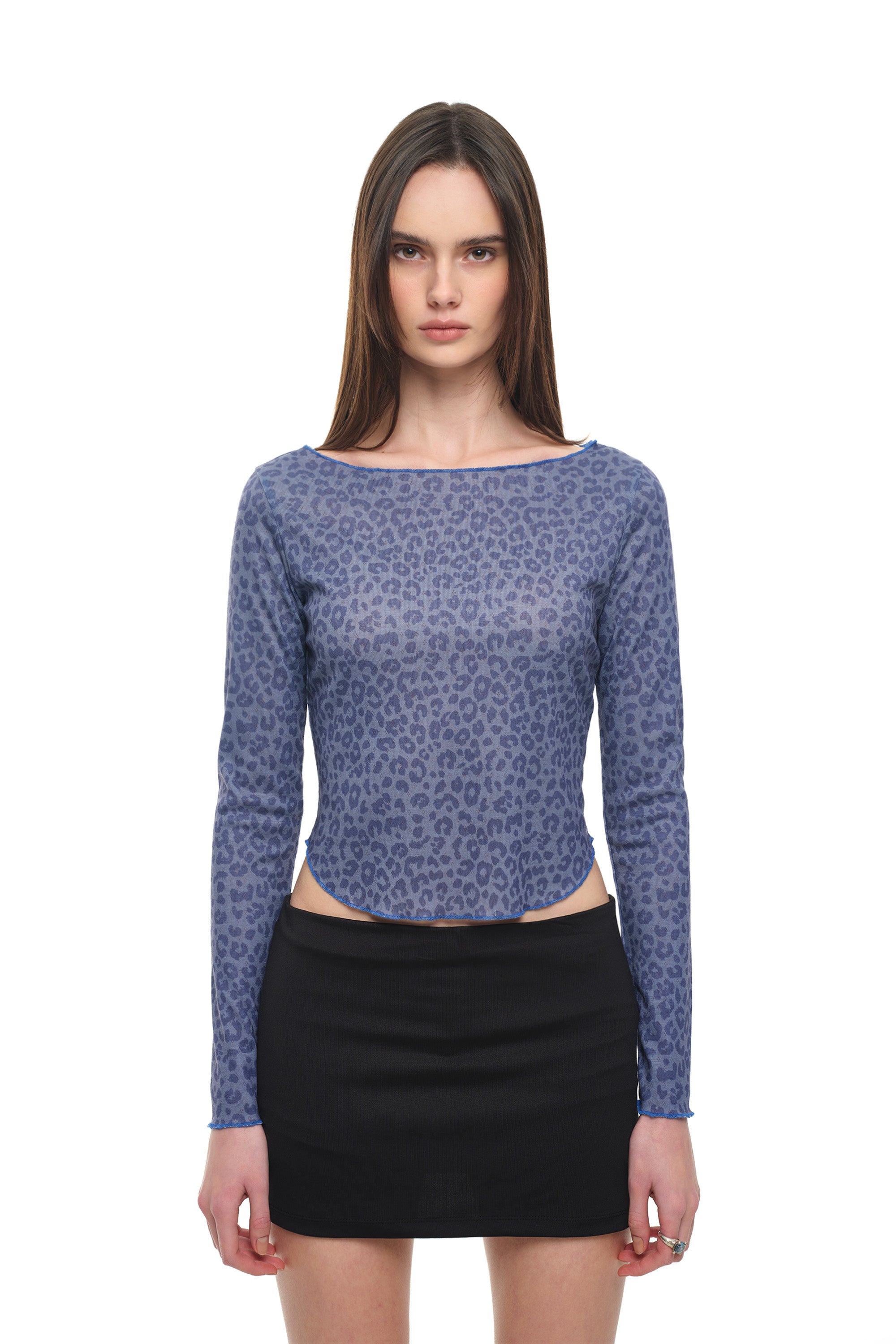 LEOPARD POINTELLE LONG SLEEVE TOP (BLUE)