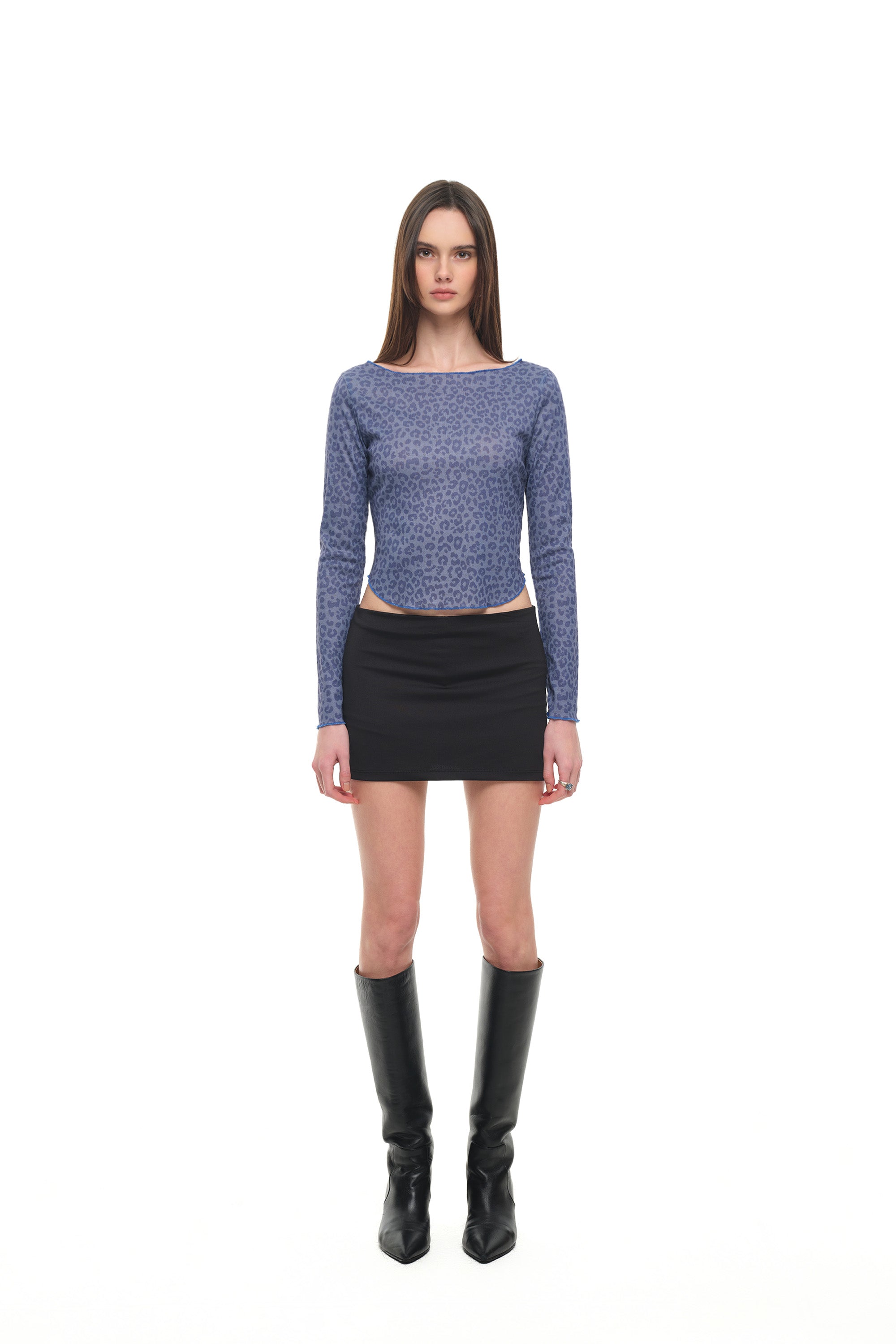 LEOPARD POINTELLE LONG SLEEVE TOP (BLUE)