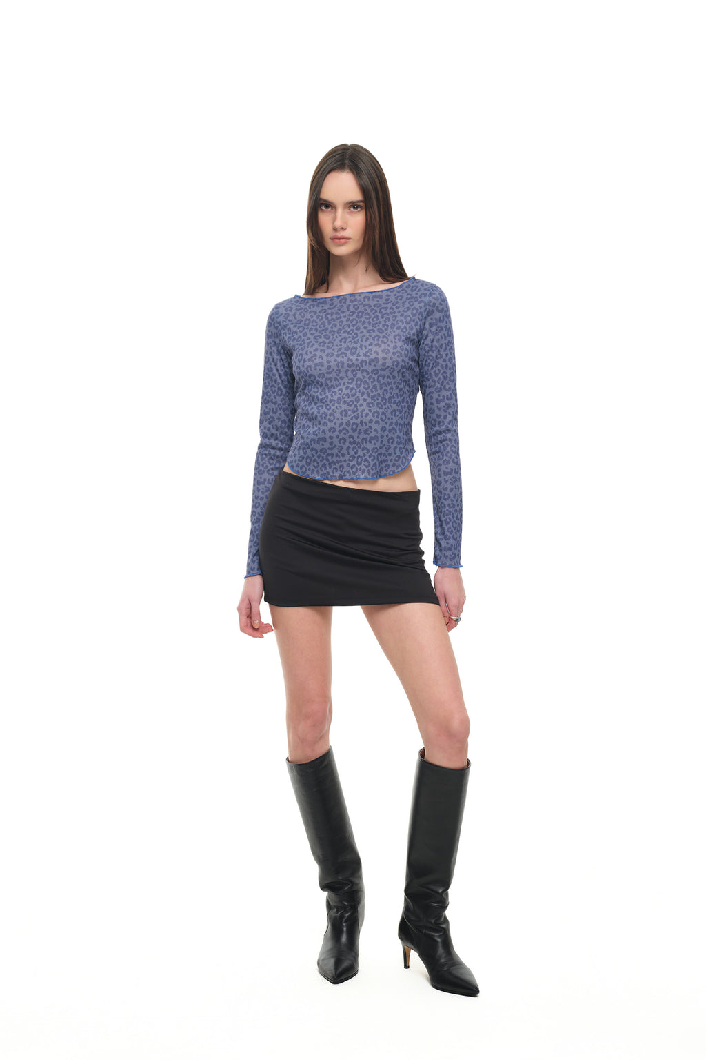 LEOPARD POINTELLE LONG SLEEVE TOP (BLUE)