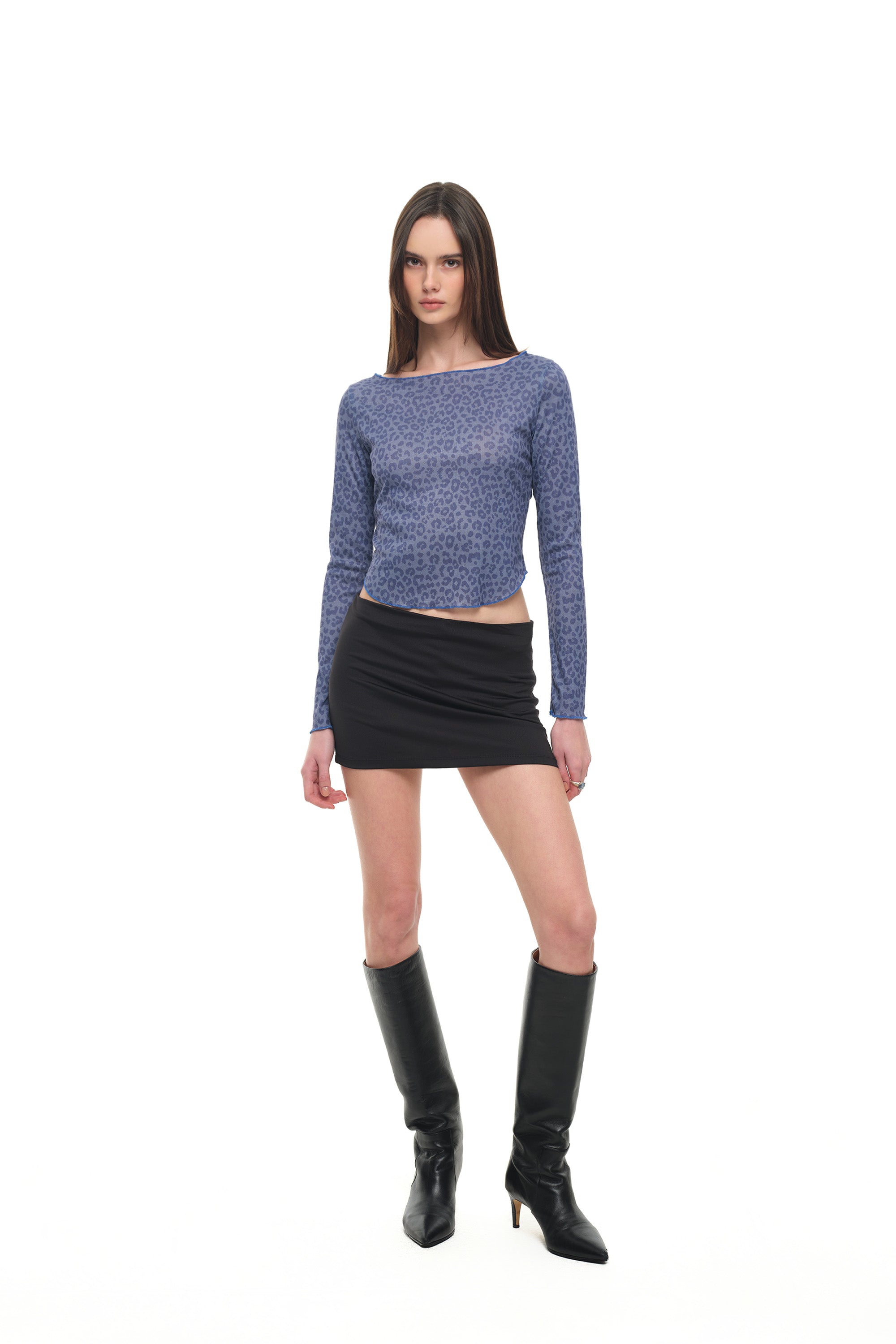 LEOPARD POINTELLE LONG SLEEVE TOP (BLUE)