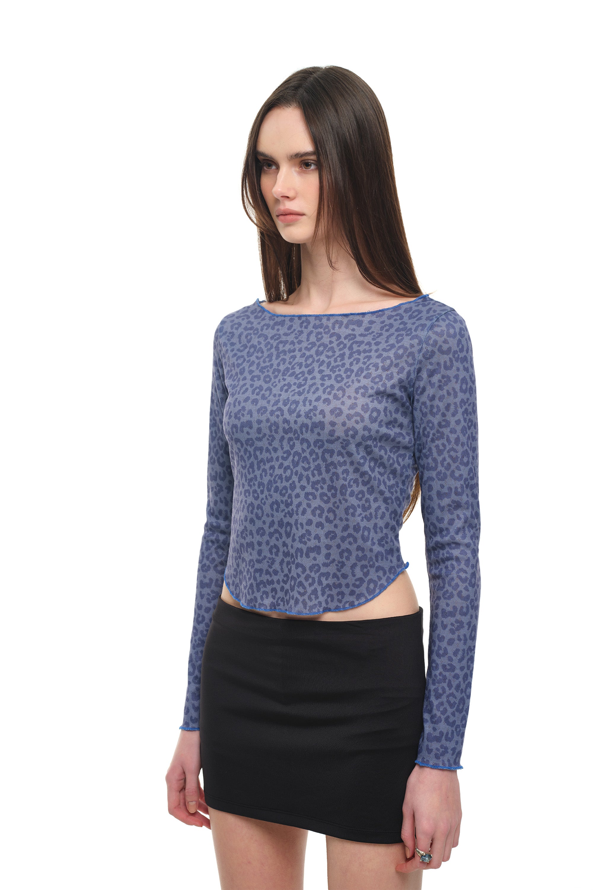LEOPARD POINTELLE LONG SLEEVE TOP (BLUE)