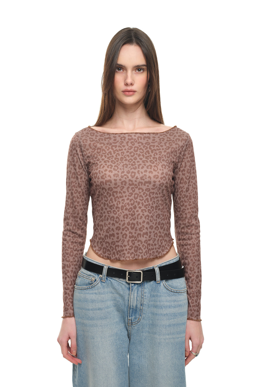 LEOPARD POINTELLE LONG SLEEVE TOP (BROWN)