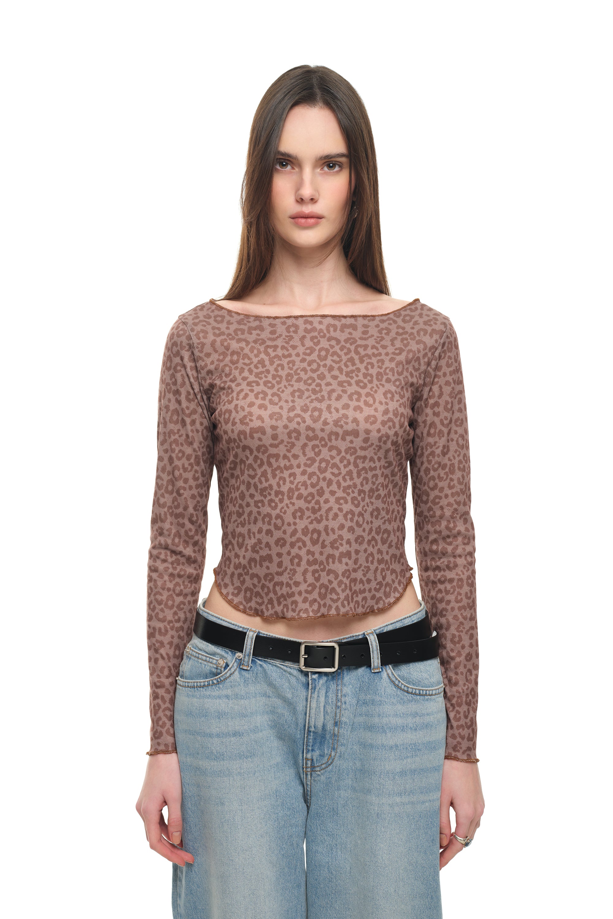 LEOPARD POINTELLE LONG SLEEVE TOP (BROWN)