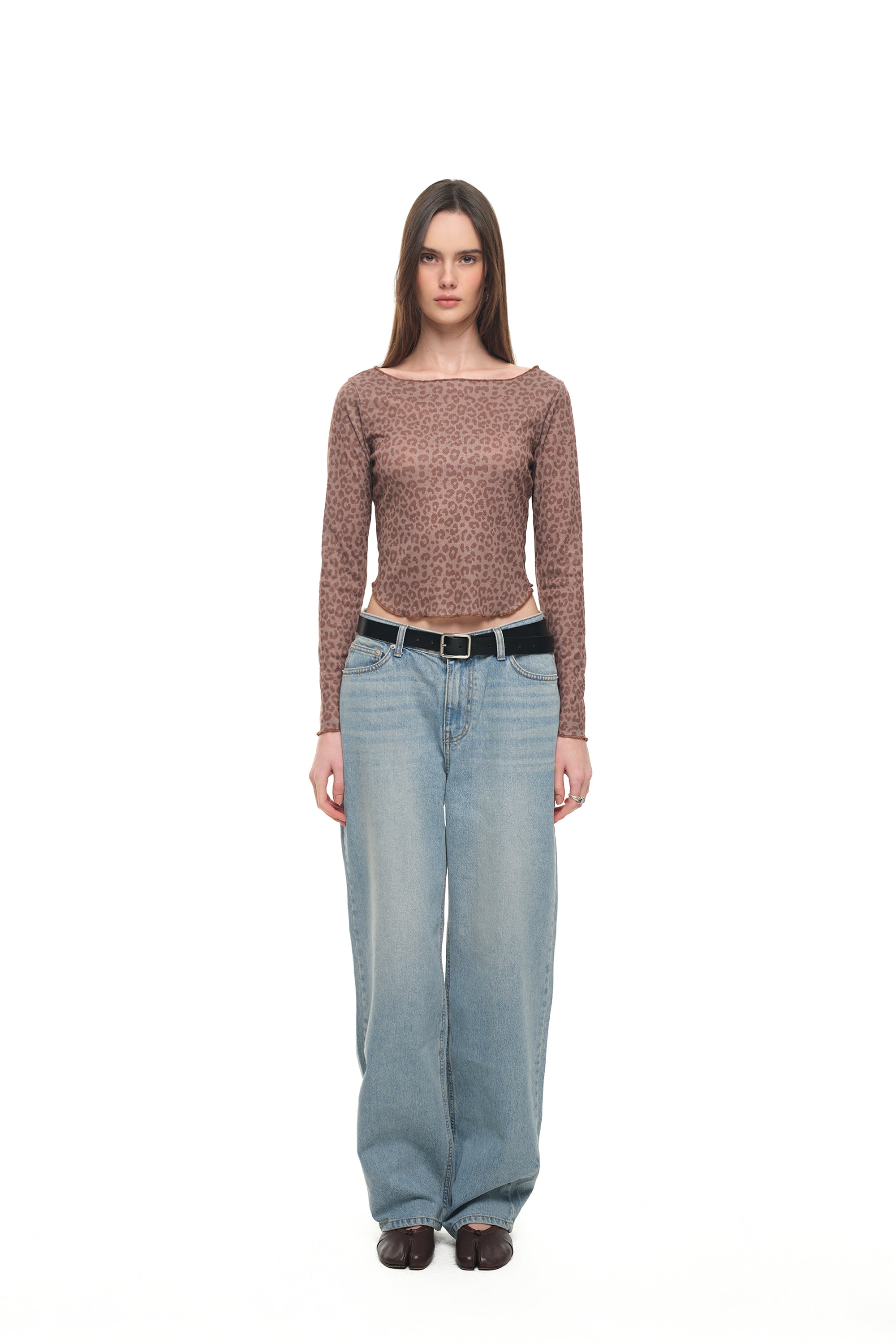 LEOPARD POINTELLE LONG SLEEVE TOP (BROWN)