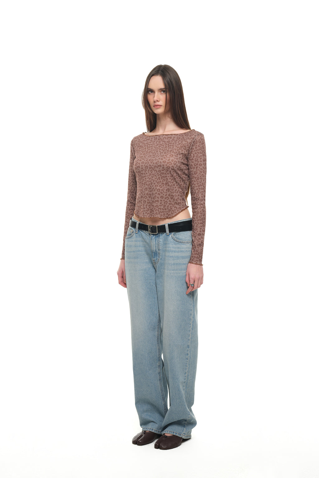 LEOPARD POINTELLE LONG SLEEVE TOP (BROWN)