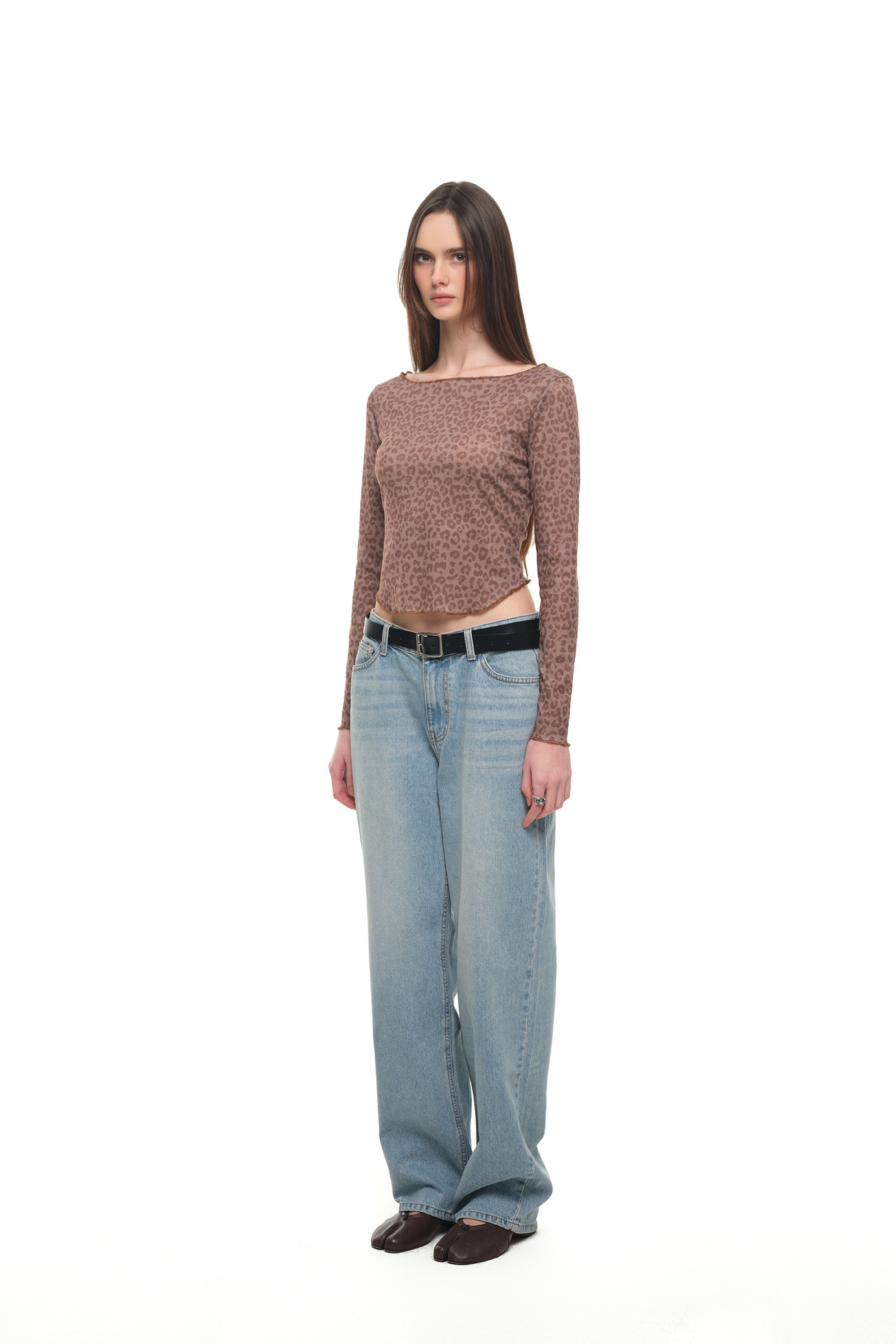 LEOPARD POINTELLE LONG SLEEVE TOP (BROWN)