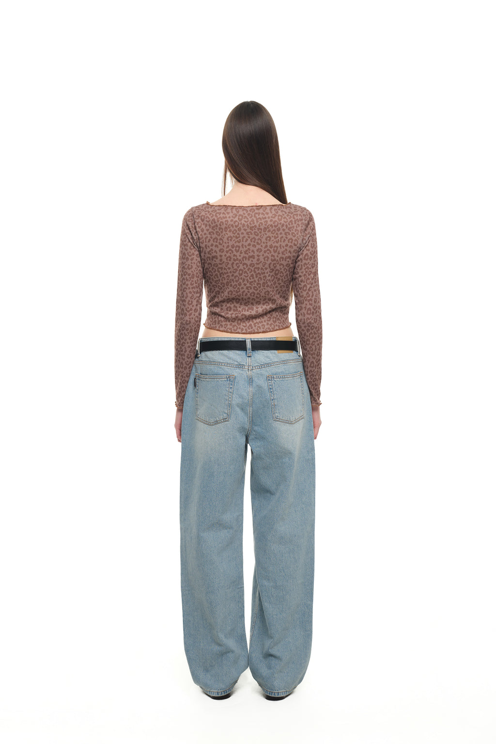 LEOPARD POINTELLE LONG SLEEVE TOP (BROWN)