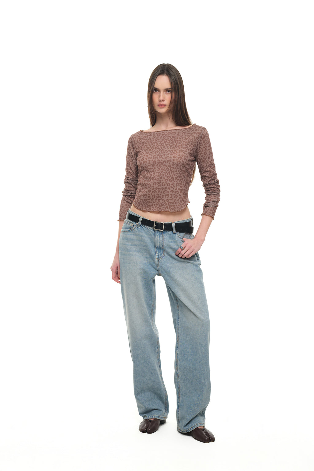 LEOPARD POINTELLE LONG SLEEVE TOP (BROWN)
