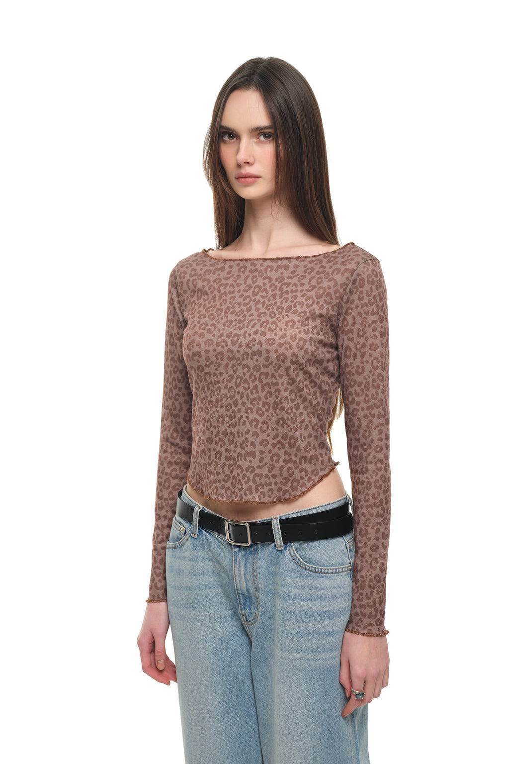 LEOPARD POINTELLE LONG SLEEVE TOP (BROWN)