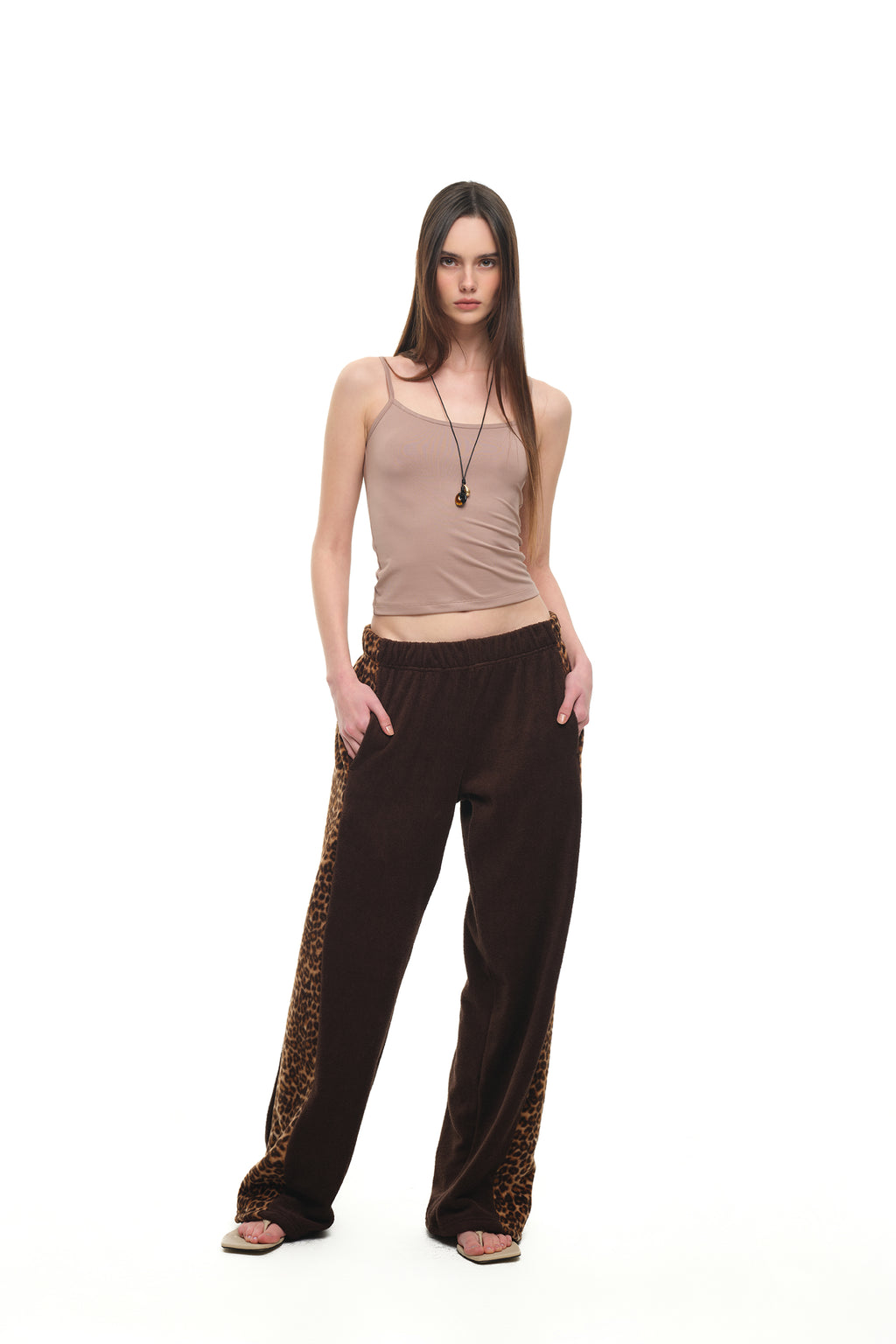 LEOPARD TERRY PANEL SWEATPANTS (BROWN)