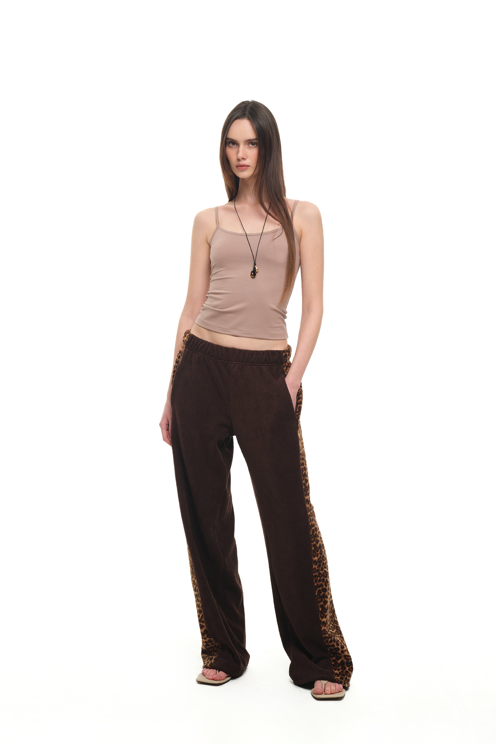 LEOPARD TERRY PANEL SWEATPANTS (BROWN)