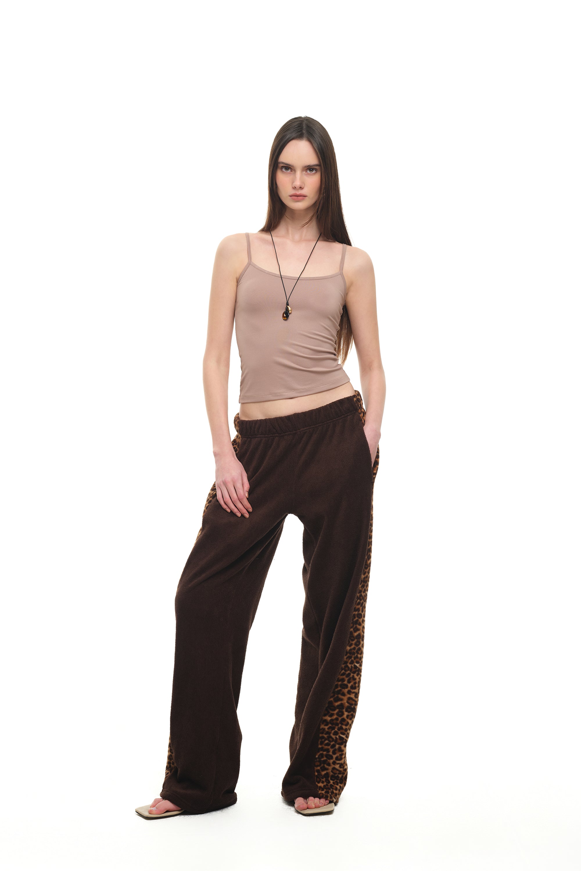 LEOPARD TERRY PANEL SWEATPANTS (BROWN)