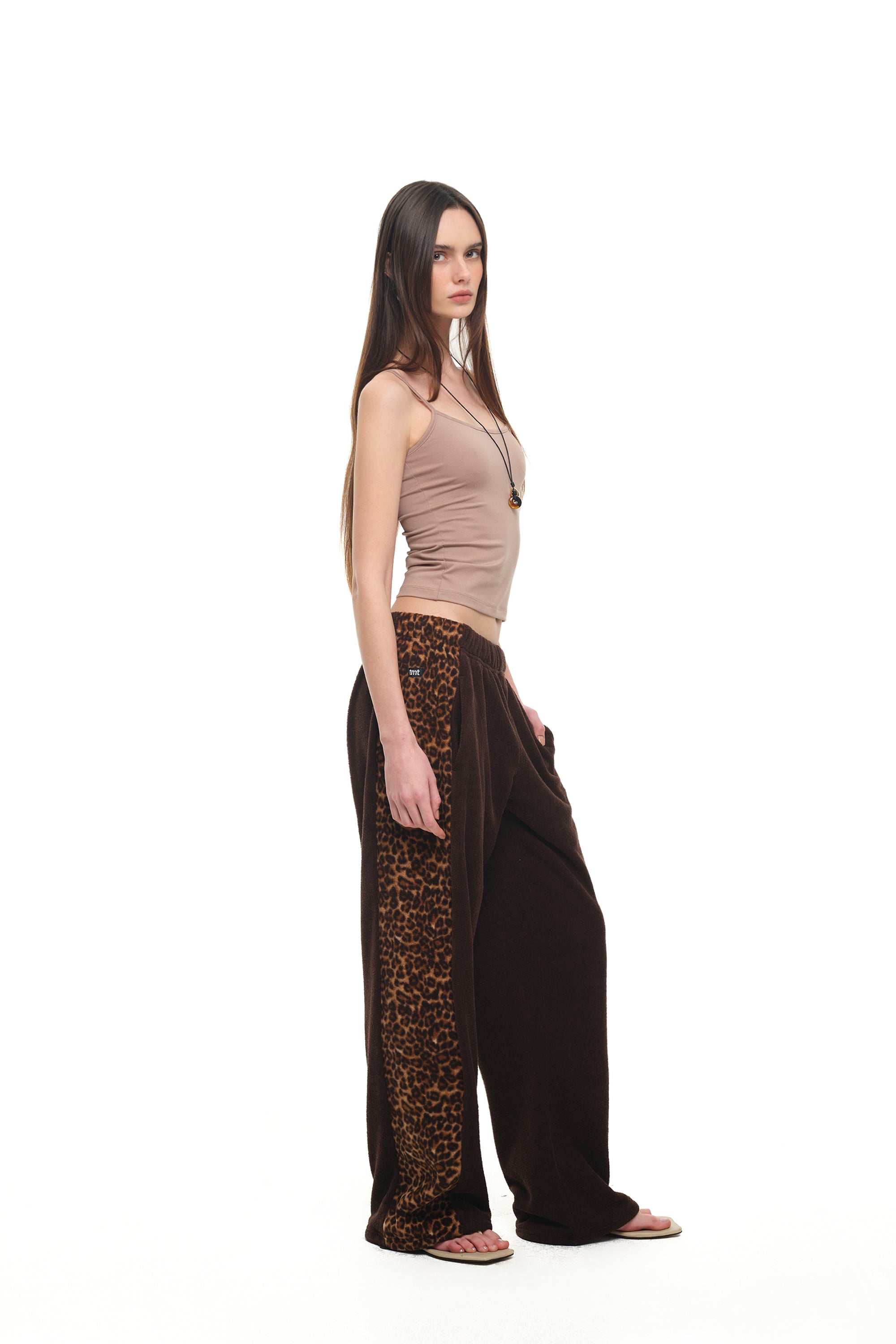 LEOPARD TERRY PANEL SWEATPANTS (BROWN)