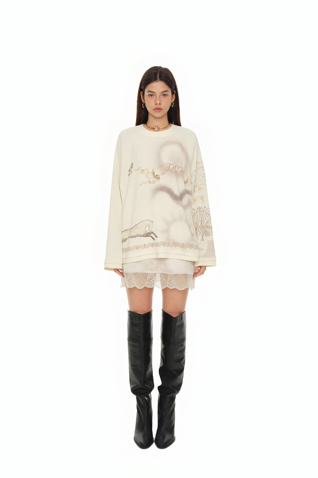 ORNAMENT WAFFLE OVERSIZED LONG SLEEVE T-SHIRT (IVORY)