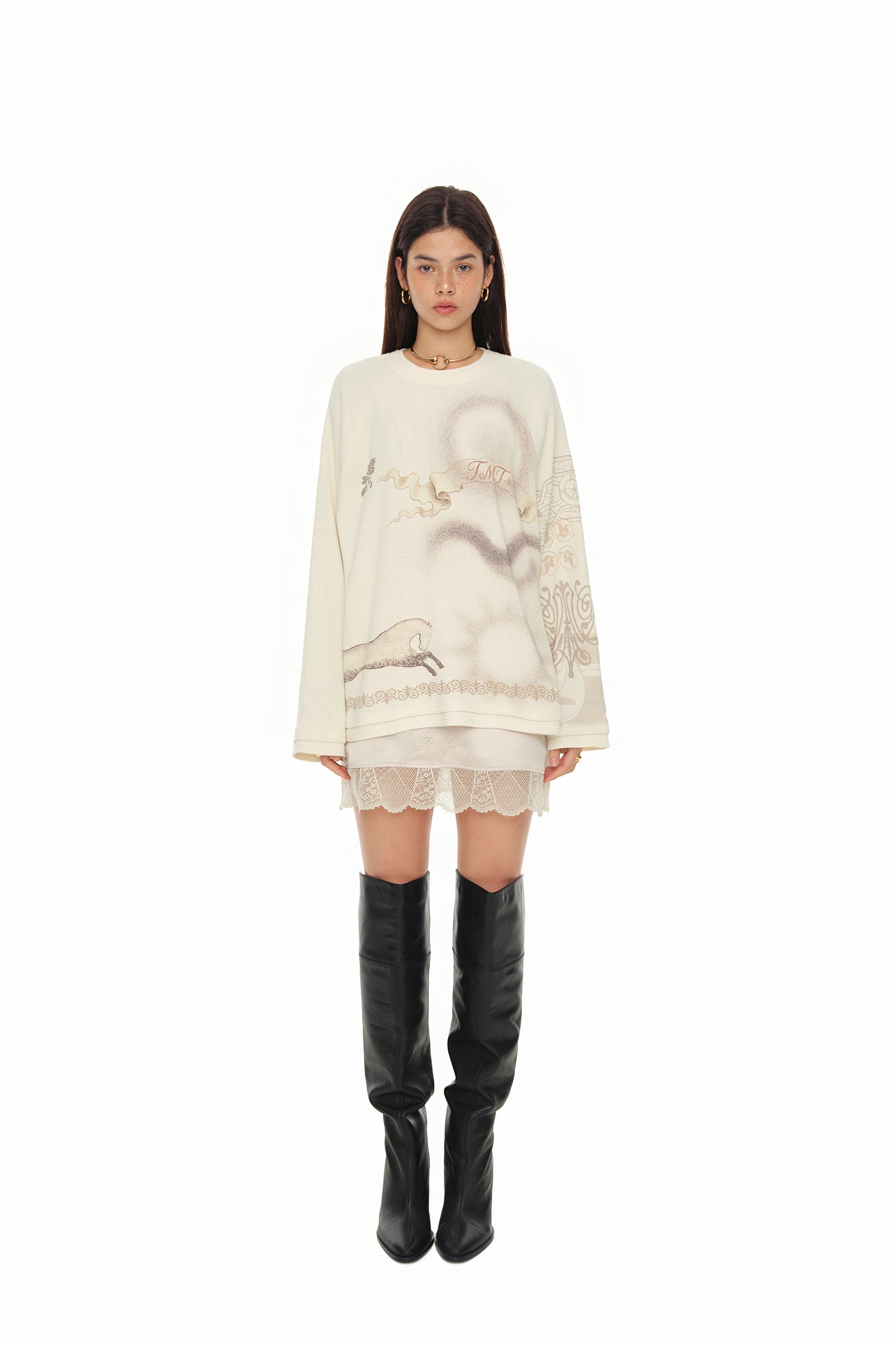 ORNAMENT WAFFLE OVERSIZED LONG SLEEVE T-SHIRT (IVORY)