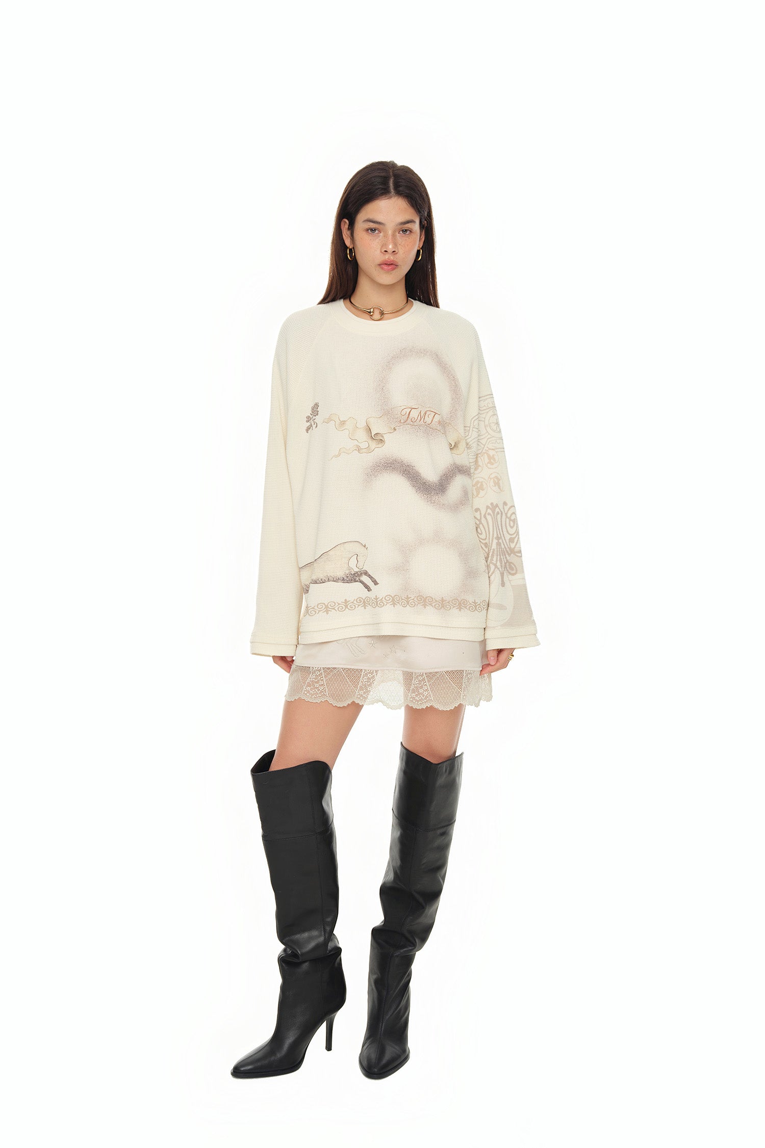 ORNAMENT WAFFLE OVERSIZED LONG SLEEVE T-SHIRT (IVORY)