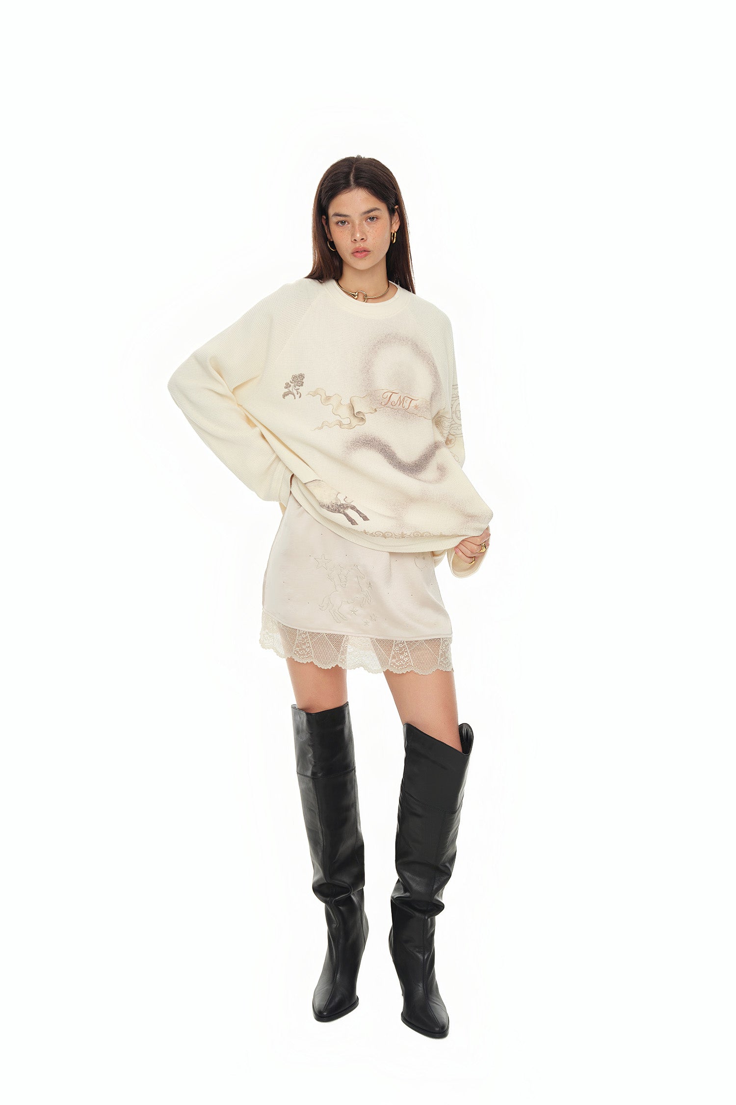 ORNAMENT WAFFLE OVERSIZED LONG SLEEVE T-SHIRT (IVORY)