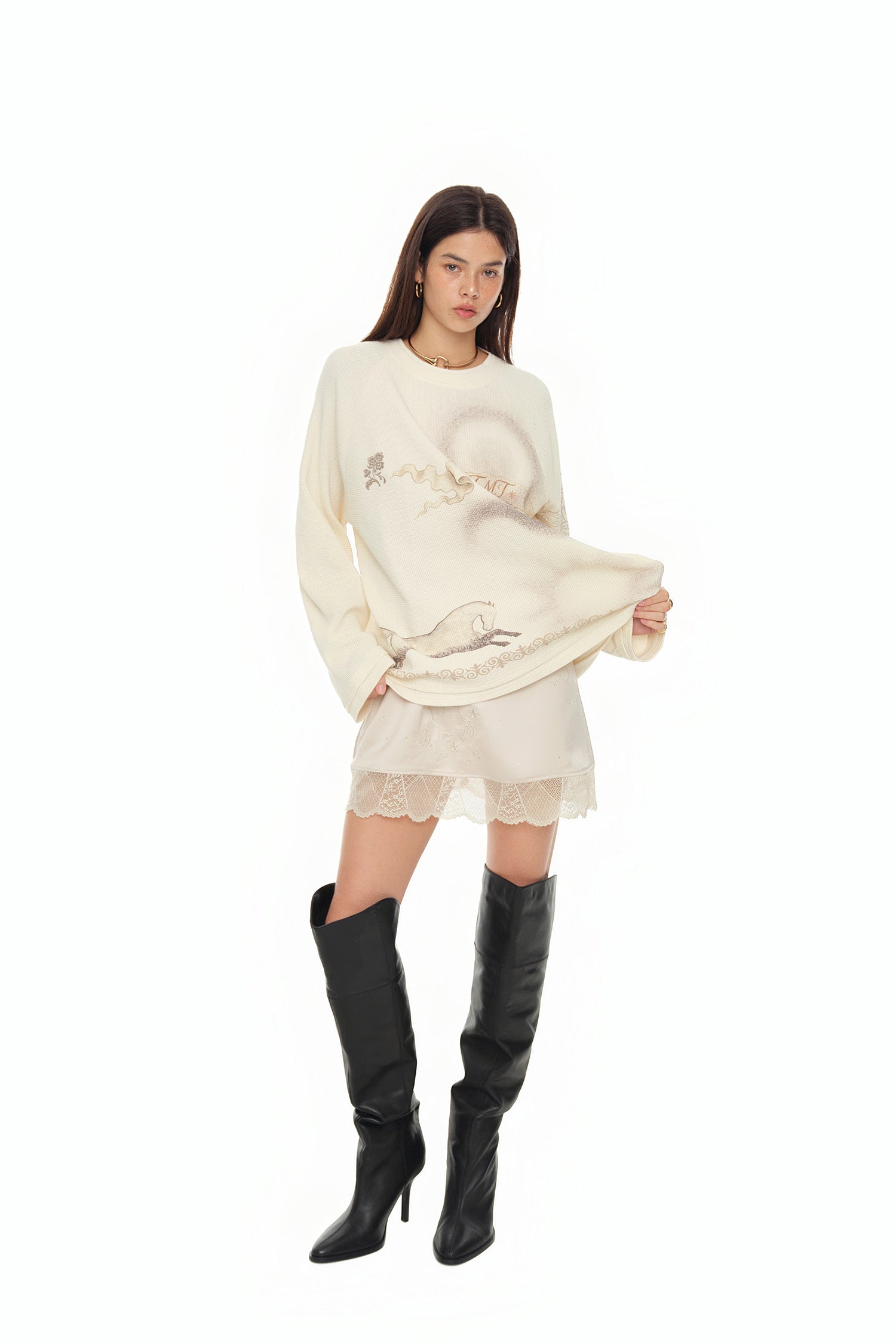 ORNAMENT WAFFLE OVERSIZED LONG SLEEVE T-SHIRT (IVORY)