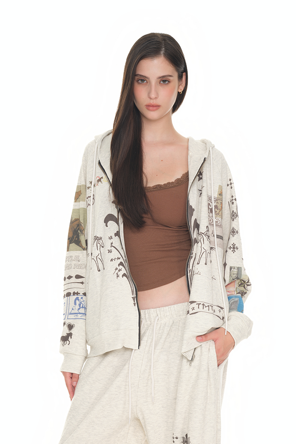 PRINTED WAFFLE ZIP-UP HOODIE (IVORY)