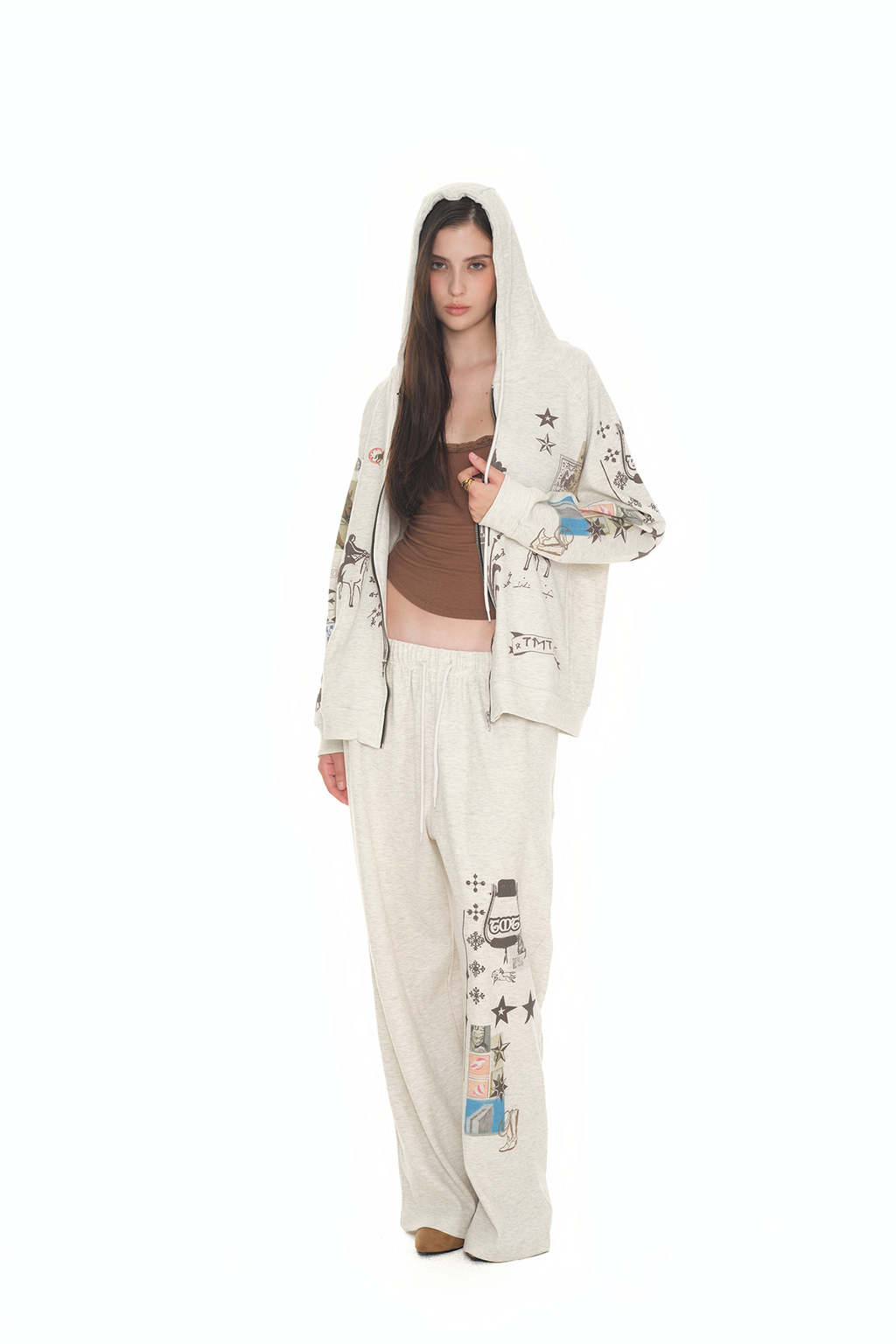 PRINTED WAFFLE ZIP-UP HOODIE (IVORY)