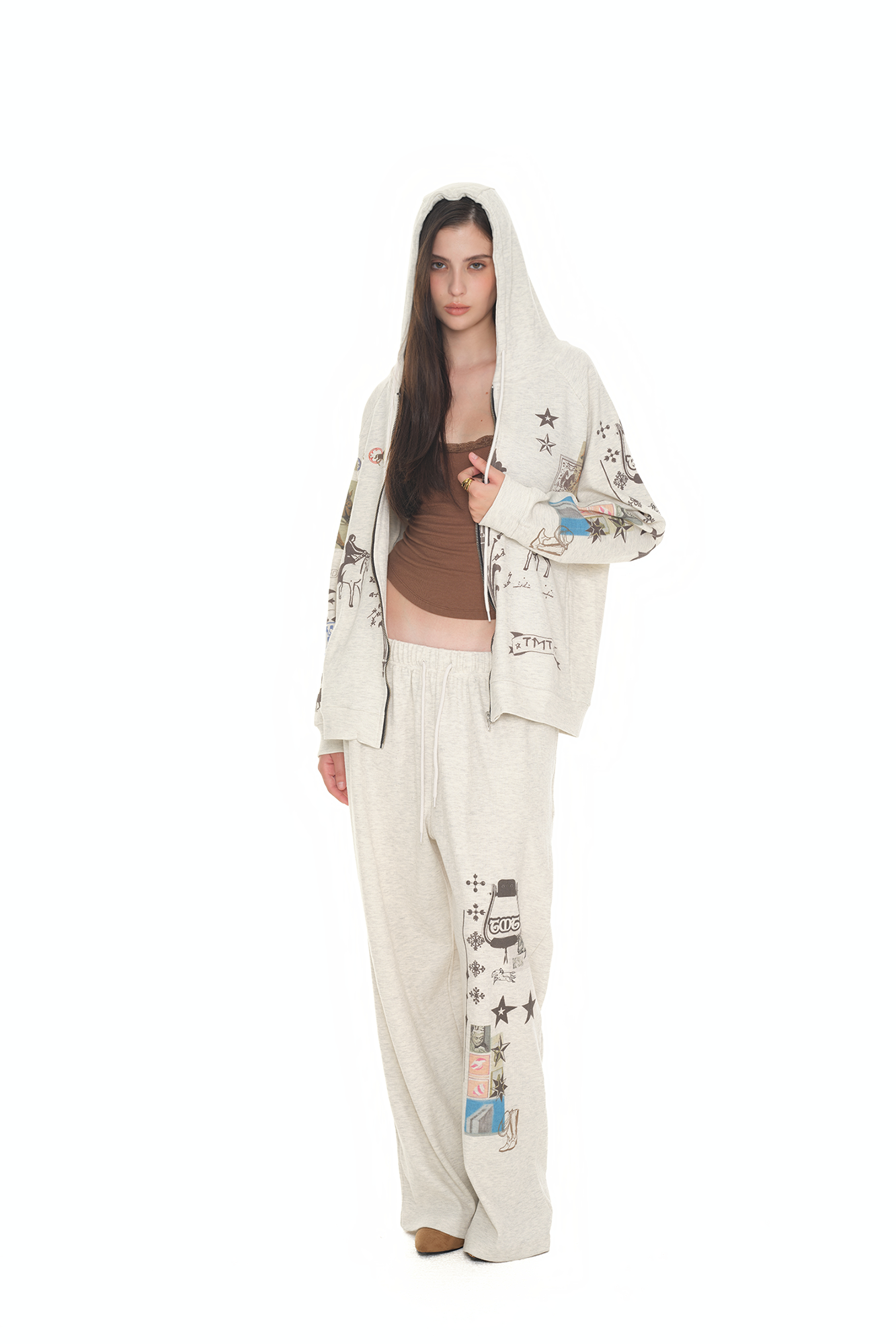 PRINTED WAFFLE ZIP-UP HOODIE (IVORY)