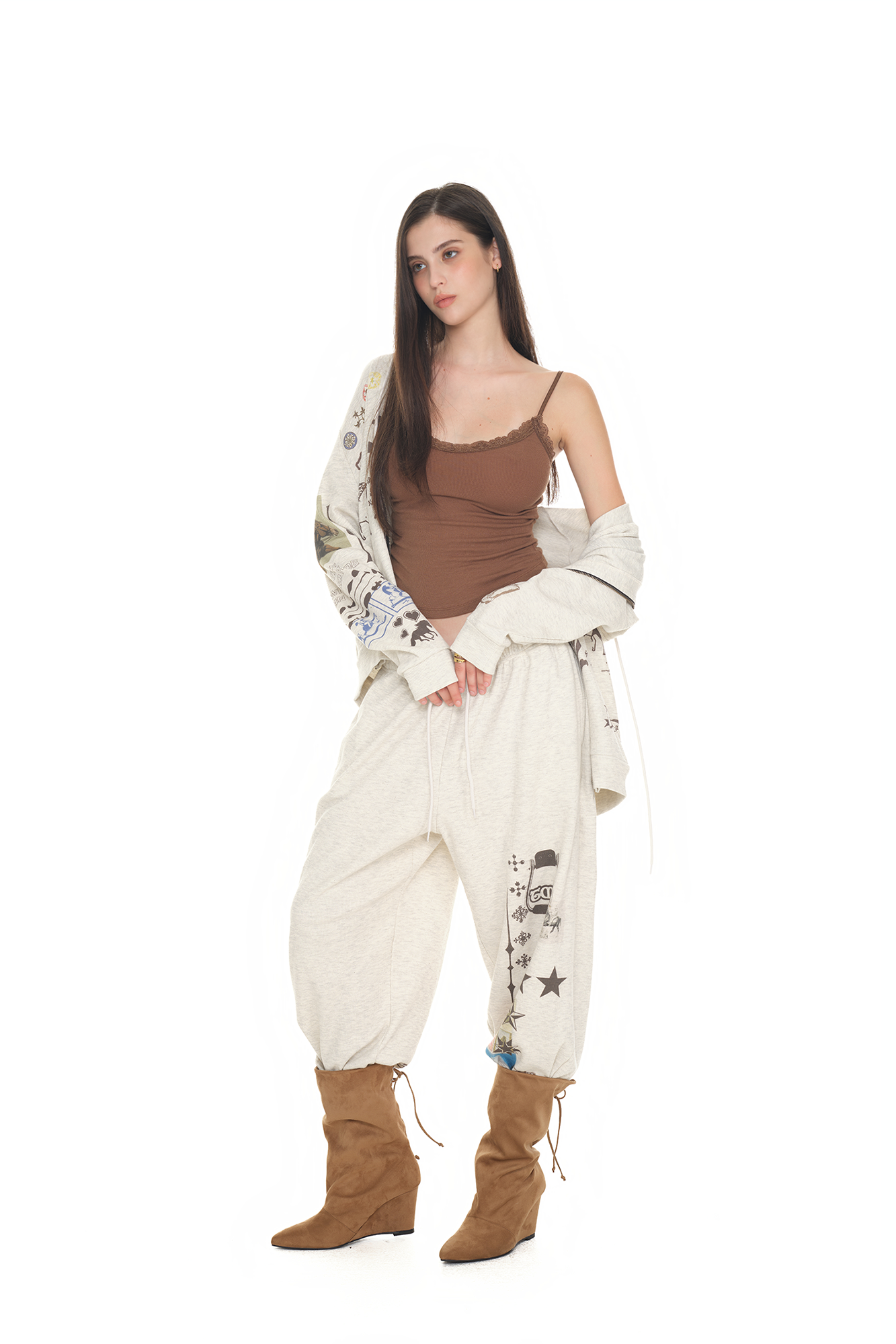 PRINTED WAFFLE ZIP-UP HOODIE (IVORY)