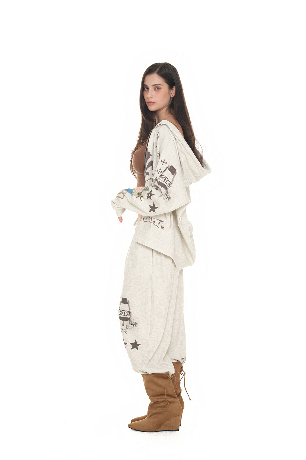 PRINTED WAFFLE ZIP-UP HOODIE (IVORY)