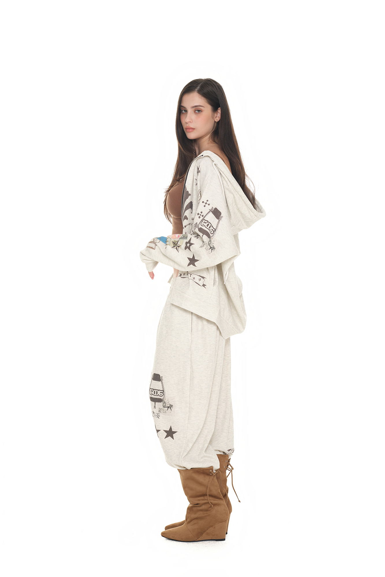 PRINTED WAFFLE ZIP-UP HOODIE (IVORY)