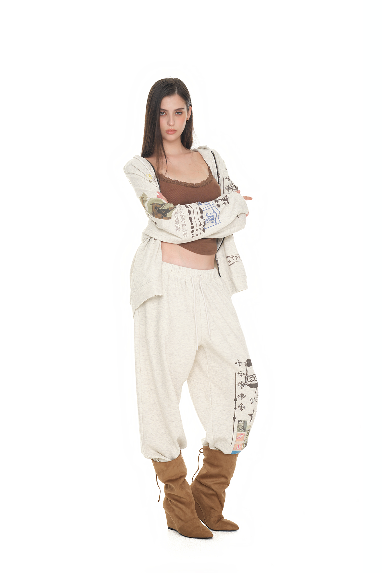 PRINTED WAFFLE ZIP-UP HOODIE (IVORY)