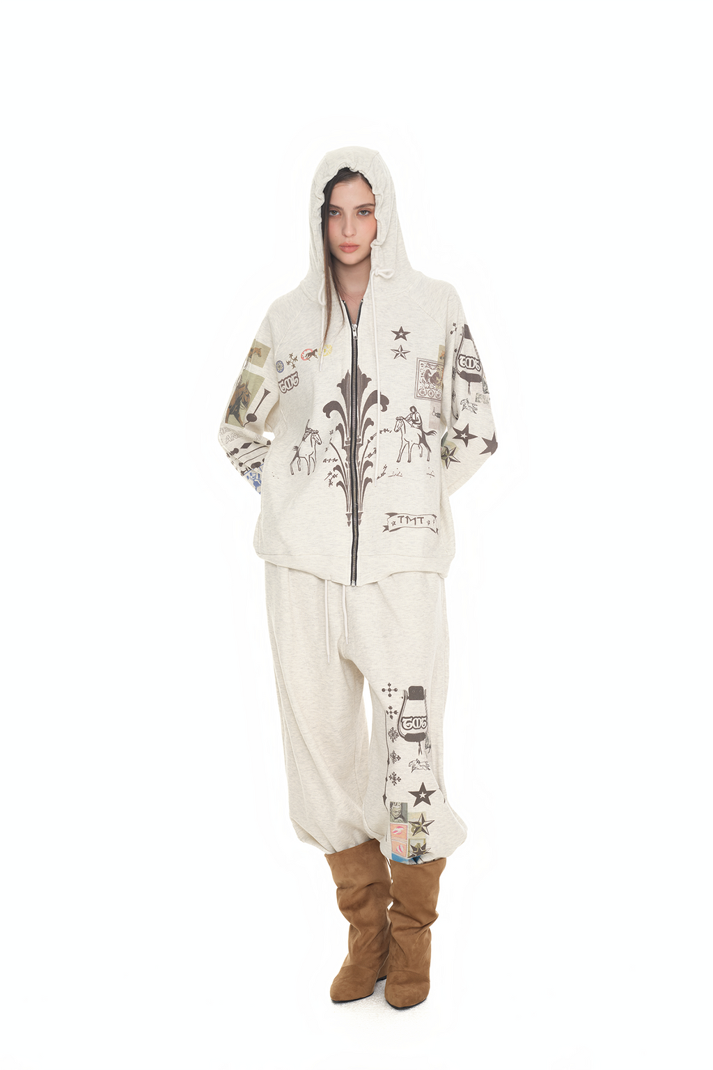 PRINTED WAFFLE ZIP-UP HOODIE (IVORY)