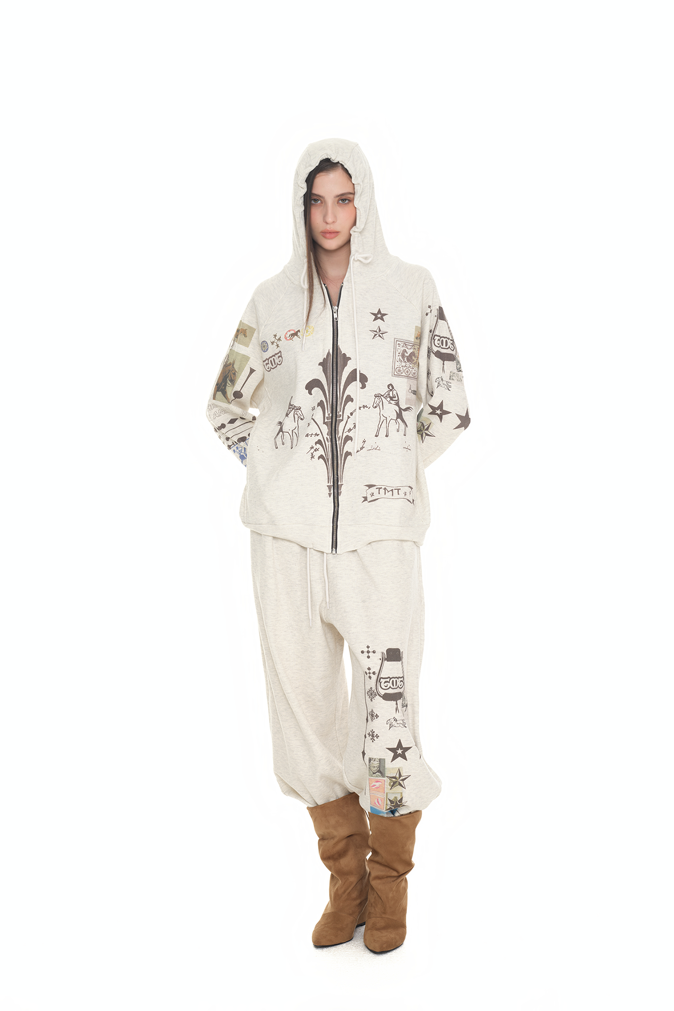 PRINTED WAFFLE ZIP-UP HOODIE (IVORY)