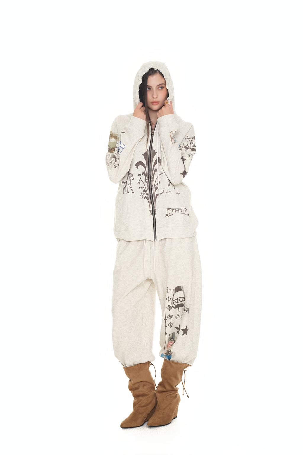 PRINTED WAFFLE ZIP-UP HOODIE (IVORY)