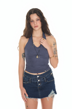 SUEDE HALTER TANK TOP (NAVY)