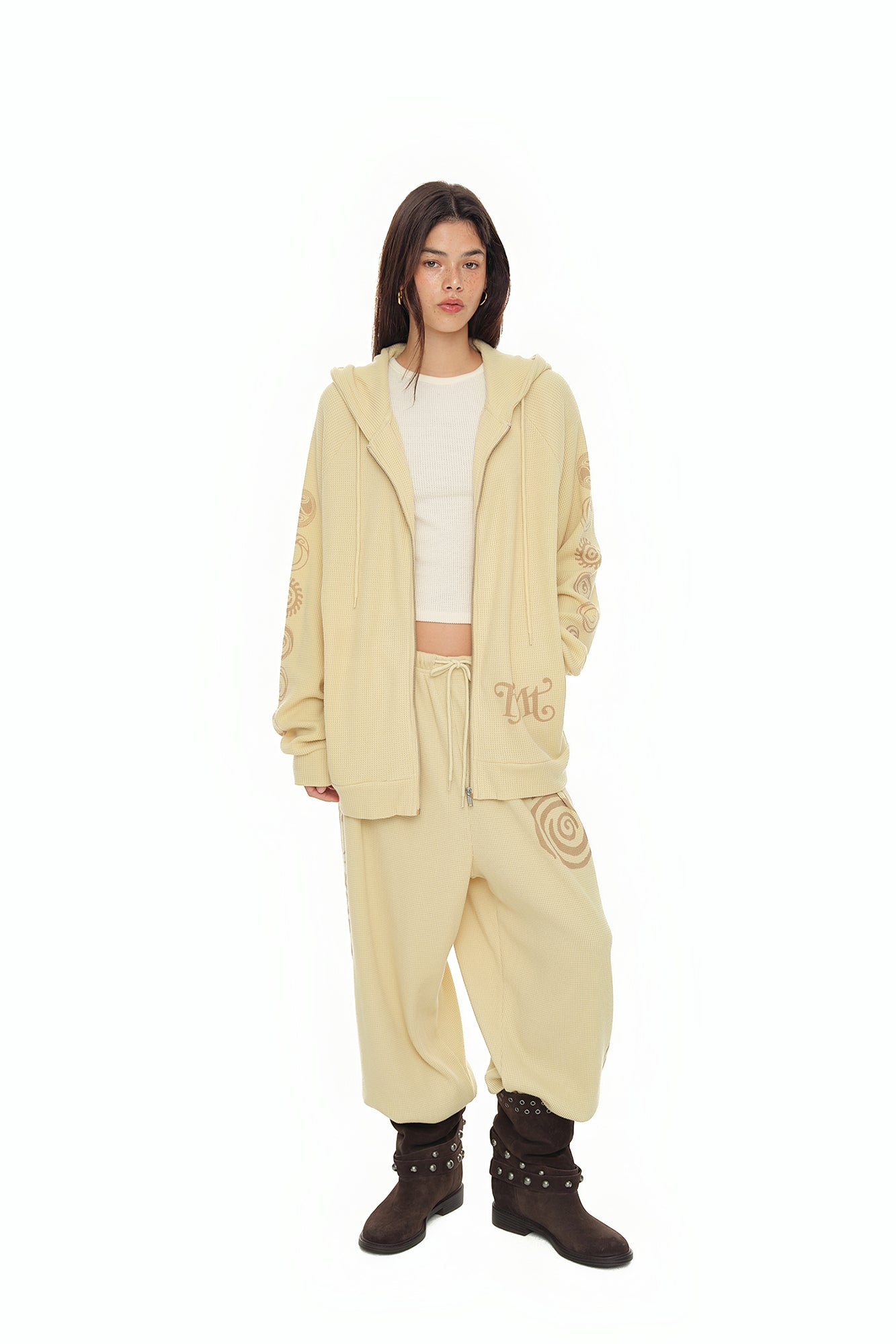 SUN DISC 02 WAFFLE ZIP-UP HOODIE (BUTTER)