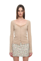 SCOOP NECK LACE TRIMMING CARDIGAN (BEIGE)