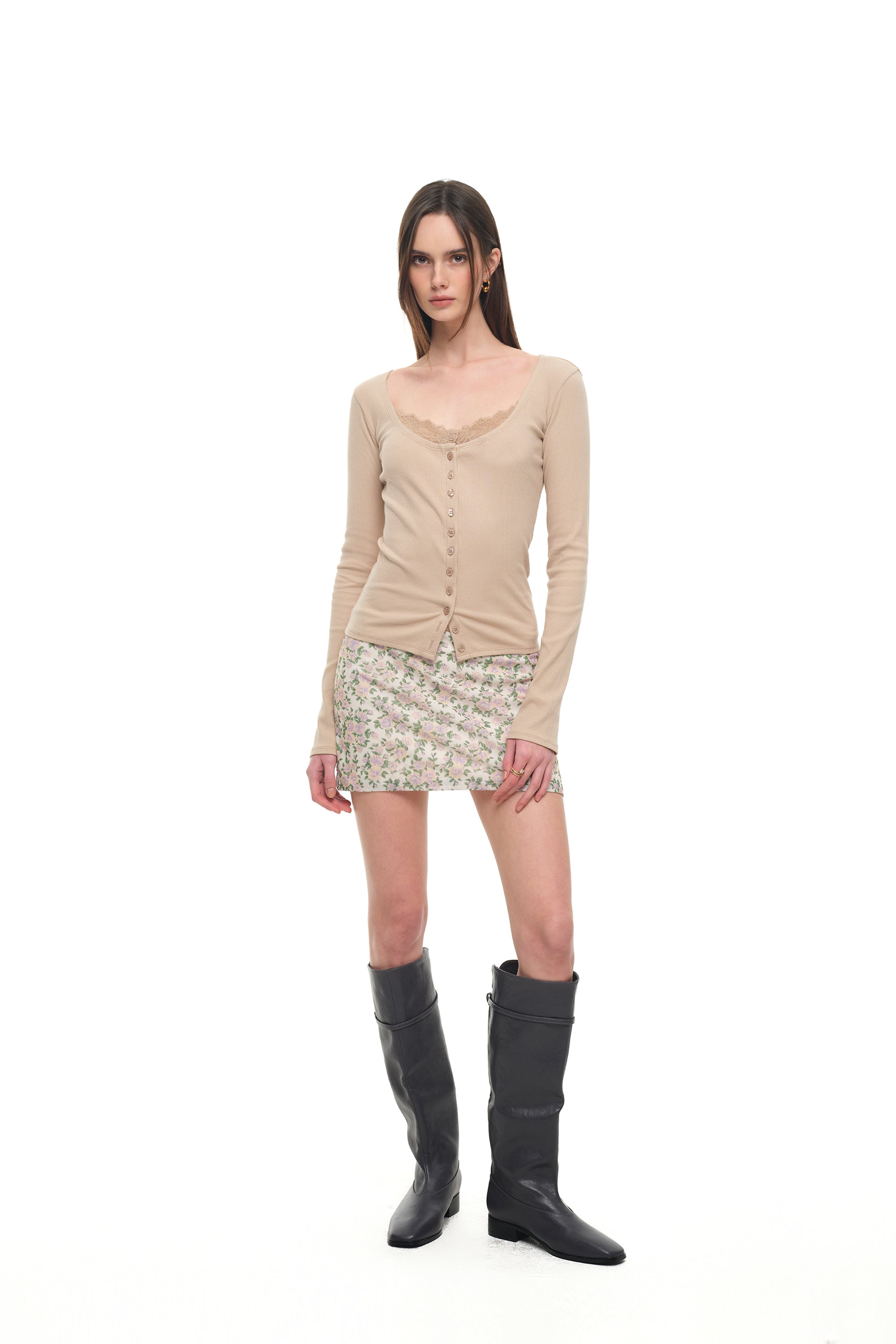 SCOOP NECK LACE TRIMMING CARDIGAN (BEIGE)