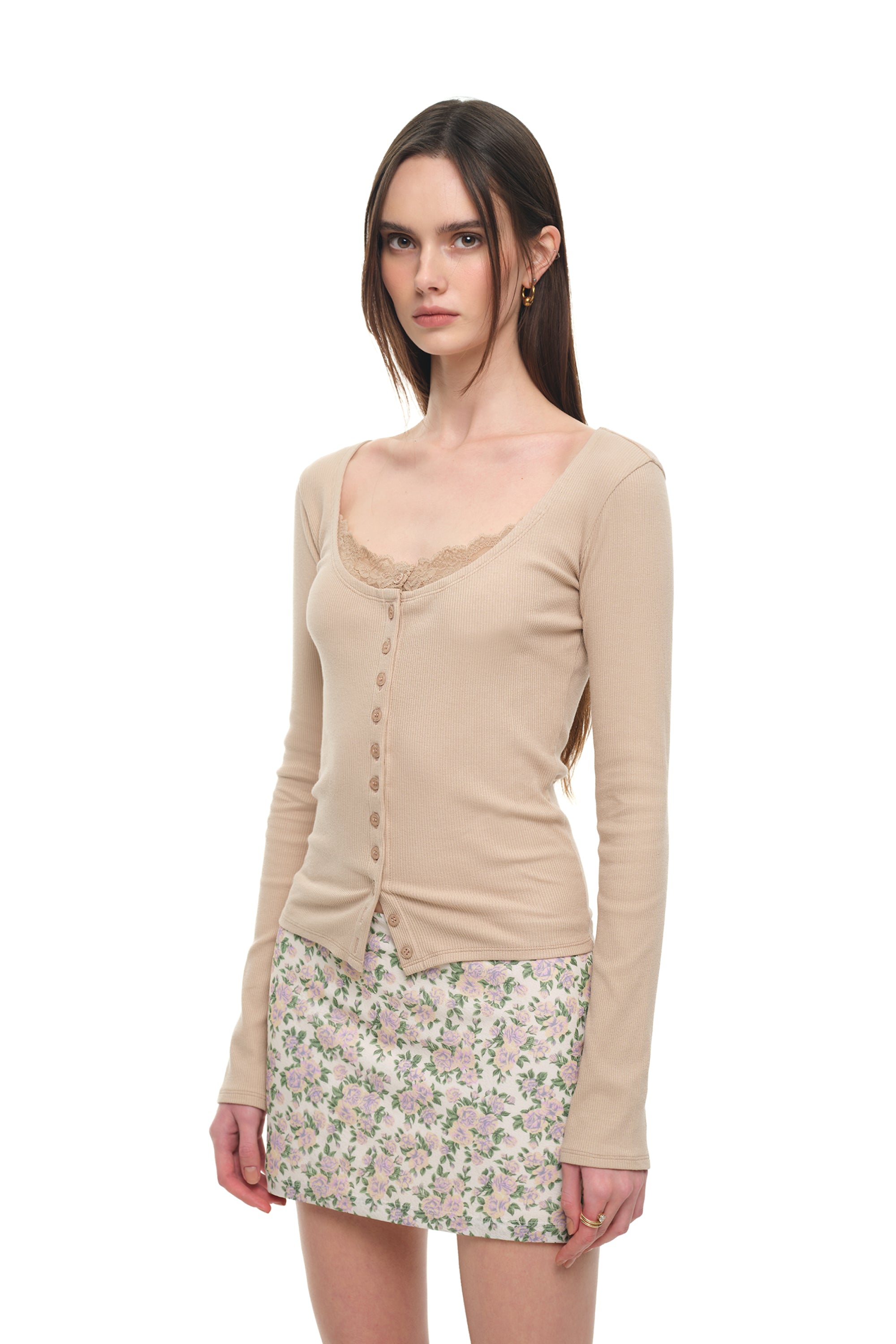 SCOOP NECK LACE TRIMMING CARDIGAN (BEIGE)