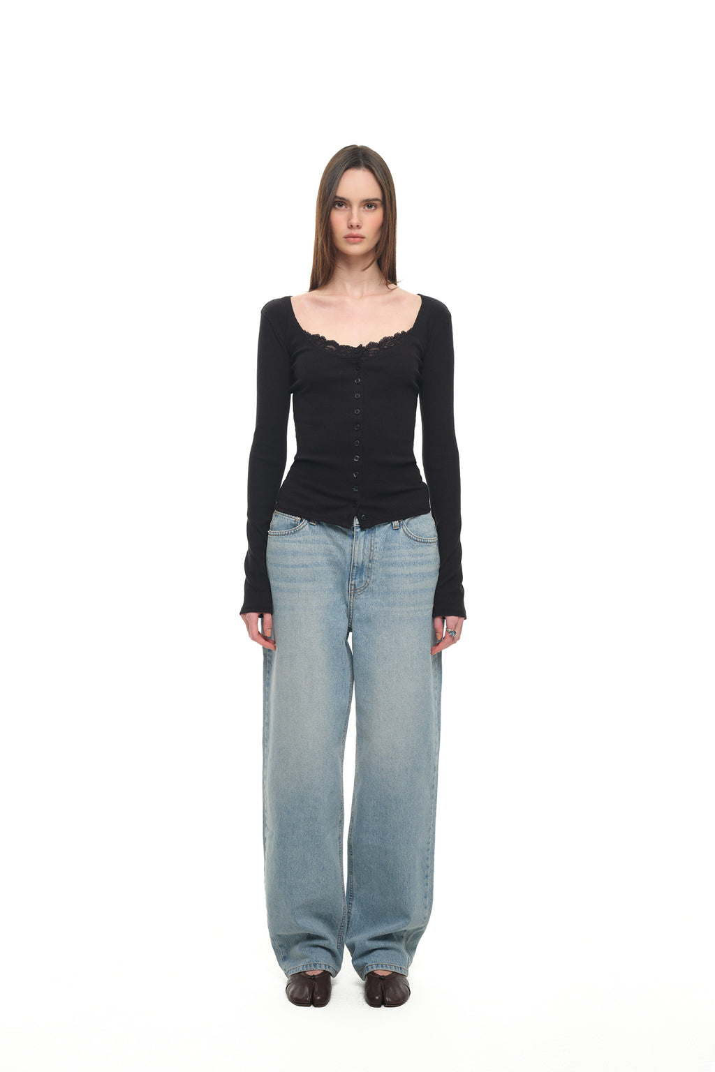 SCOOP NECK LACE TRIMMING CARDIGAN (BLACK)
