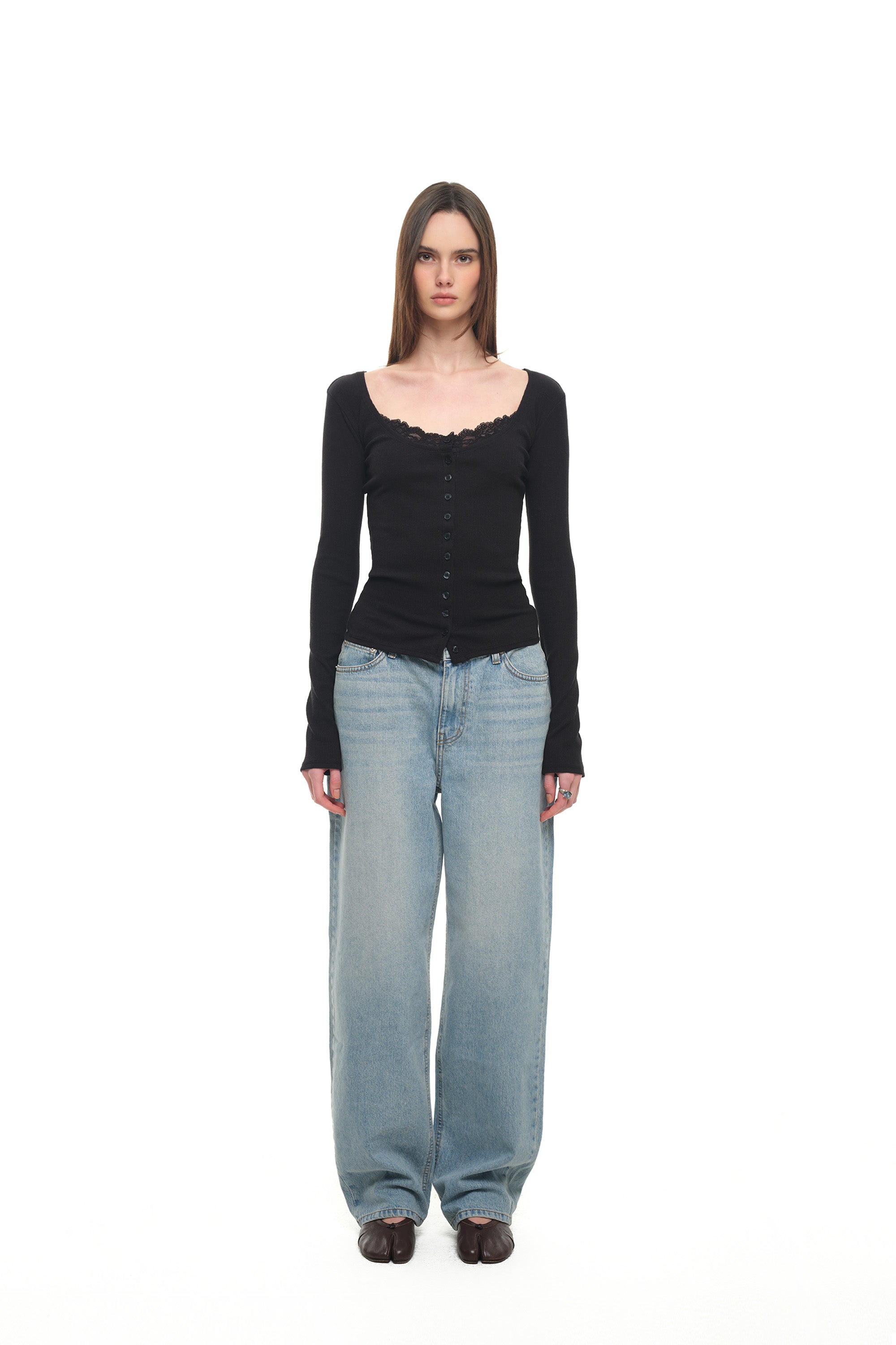 SCOOP NECK LACE TRIMMING CARDIGAN (BLACK)